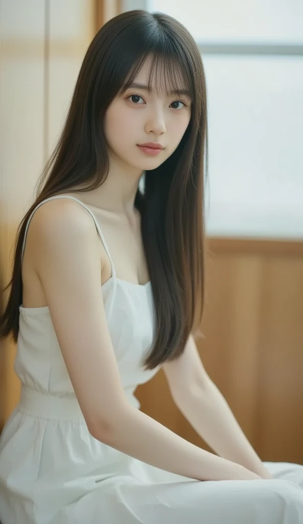 1 girl, loose chest camisole,shy,Long bangs,In the classroom