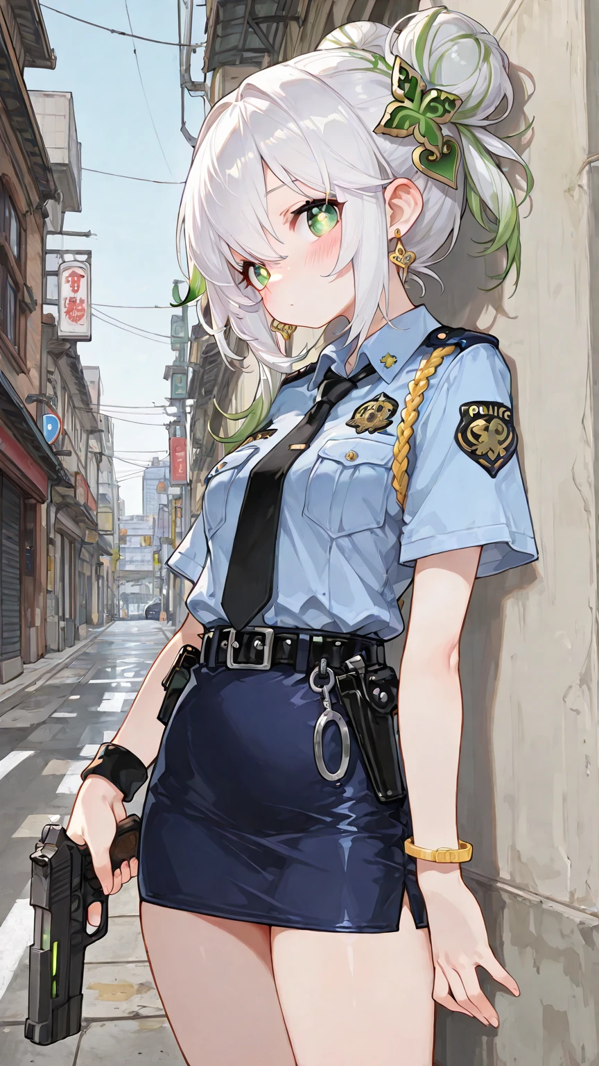 ginhaha, delinquent street punk in emo style clothes standing in military base holding up the middle finger, looking at viewer, 1boy, single hair bun, (asymmetrical bangs:1.3), dark pink eyes, shouting, open mouth, standing, torn clothes, piercings, jewelry, tattoos, finely detailed background, amazingly intricate background, incredibly absurdres, best quality