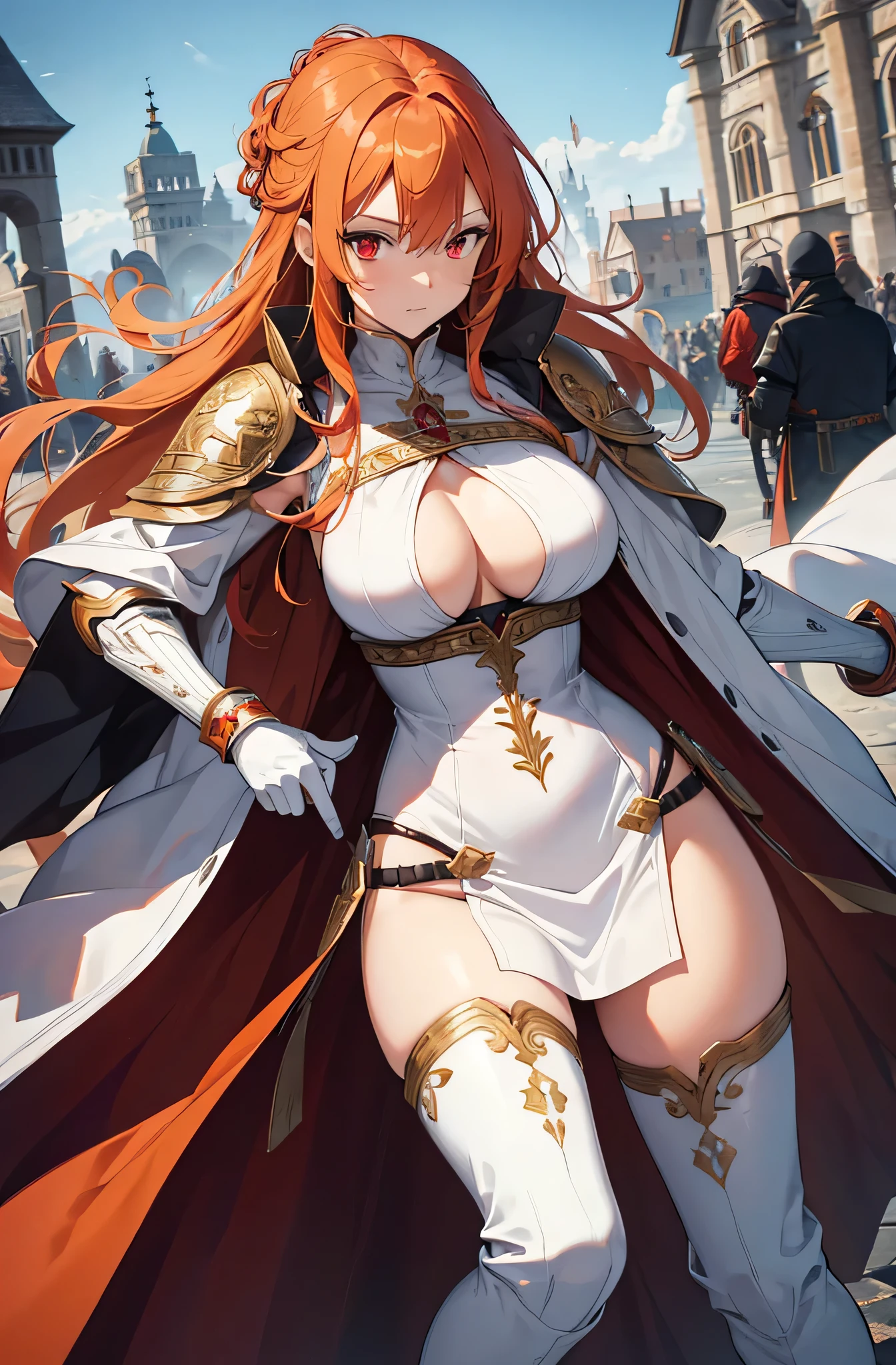 4k,High resolution,One Woman,Red Hair,long hair,Green Eyes,Big Breasts,Brave,White high leg leotard armor,White boots,White hat,Jewelry decoration,Long sword,Medieval village