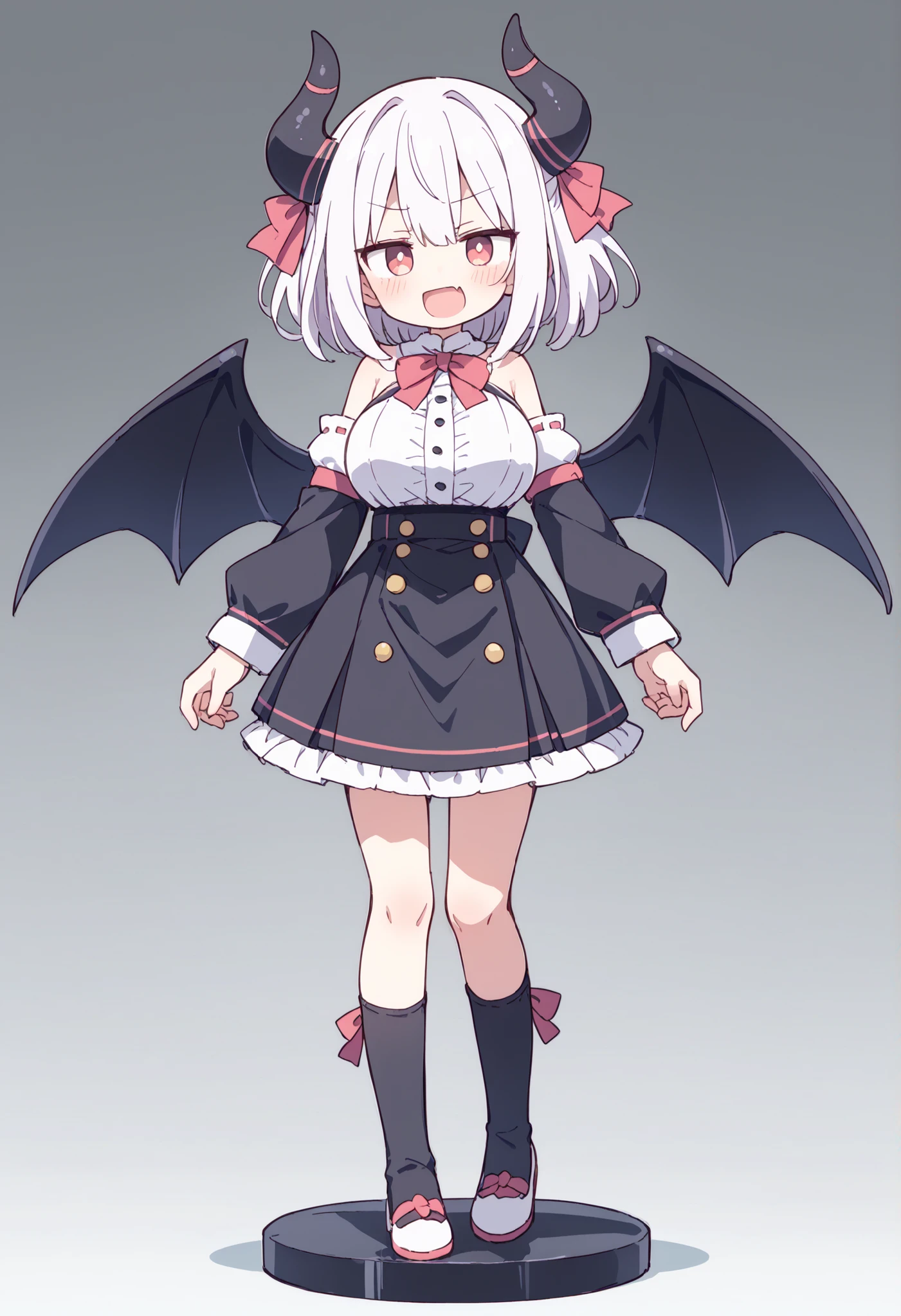  anime style、Figure，アニメFigure， masterpiece、 high quality、 details、(((Full Body:3.5，from the front)))，Late Night、 When the light goes out  、 cute、 beautiful eyes、 detailsな瞳，highlight eyes、 eyes emit light  、It is hung with a   、gigantic breast、Chest Valley，Little Devil、  laugh mischievously on the way to school 、Rouge，Devil's Black Wings  、Horns on the head 、 clothes with open chest、revealing underwear， put your heart in your eyes  、 Figureの台座に立っている，Stand on a pedestal with the image of the Demon Realm，