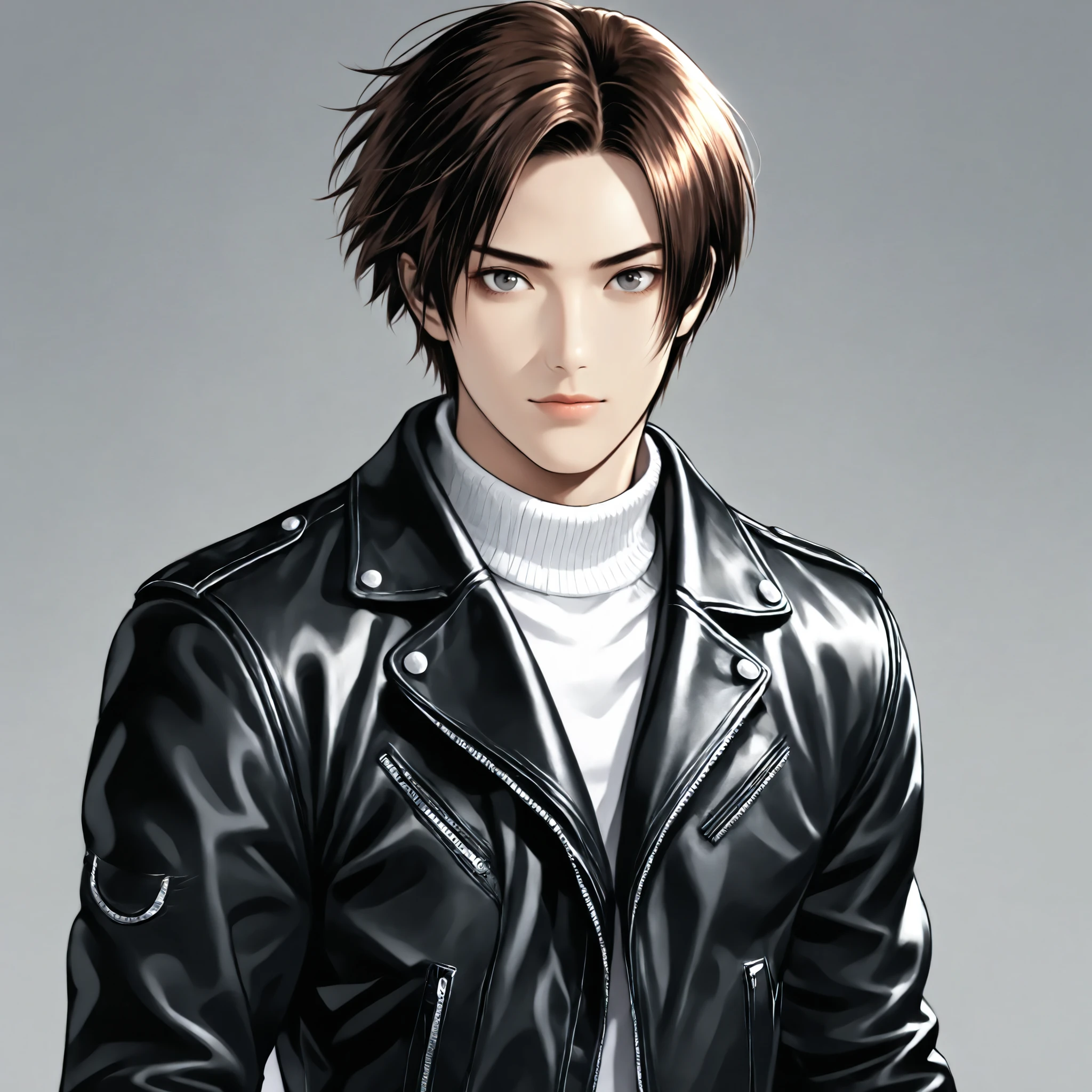 Boy, brown hair, dark gray eyes, cool features, white skin, handsome, perfect, gorgeous, wearing a sweater, leather jacket, bright colors, HD resolution .