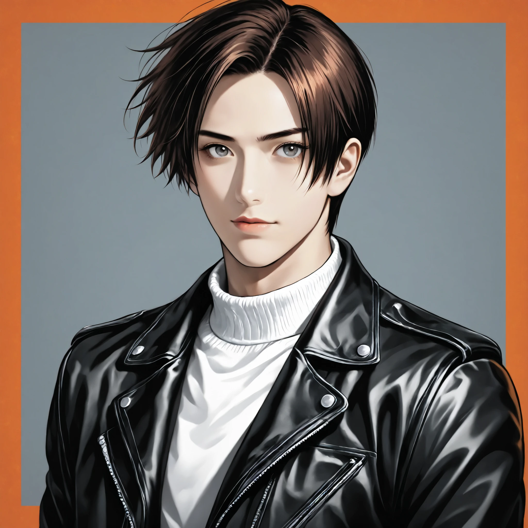 Boy, brown hair, dark gray eyes, cool features, white skin, handsome, perfect, gorgeous, wearing a sweater, leather jacket, bright colors, HD resolution .