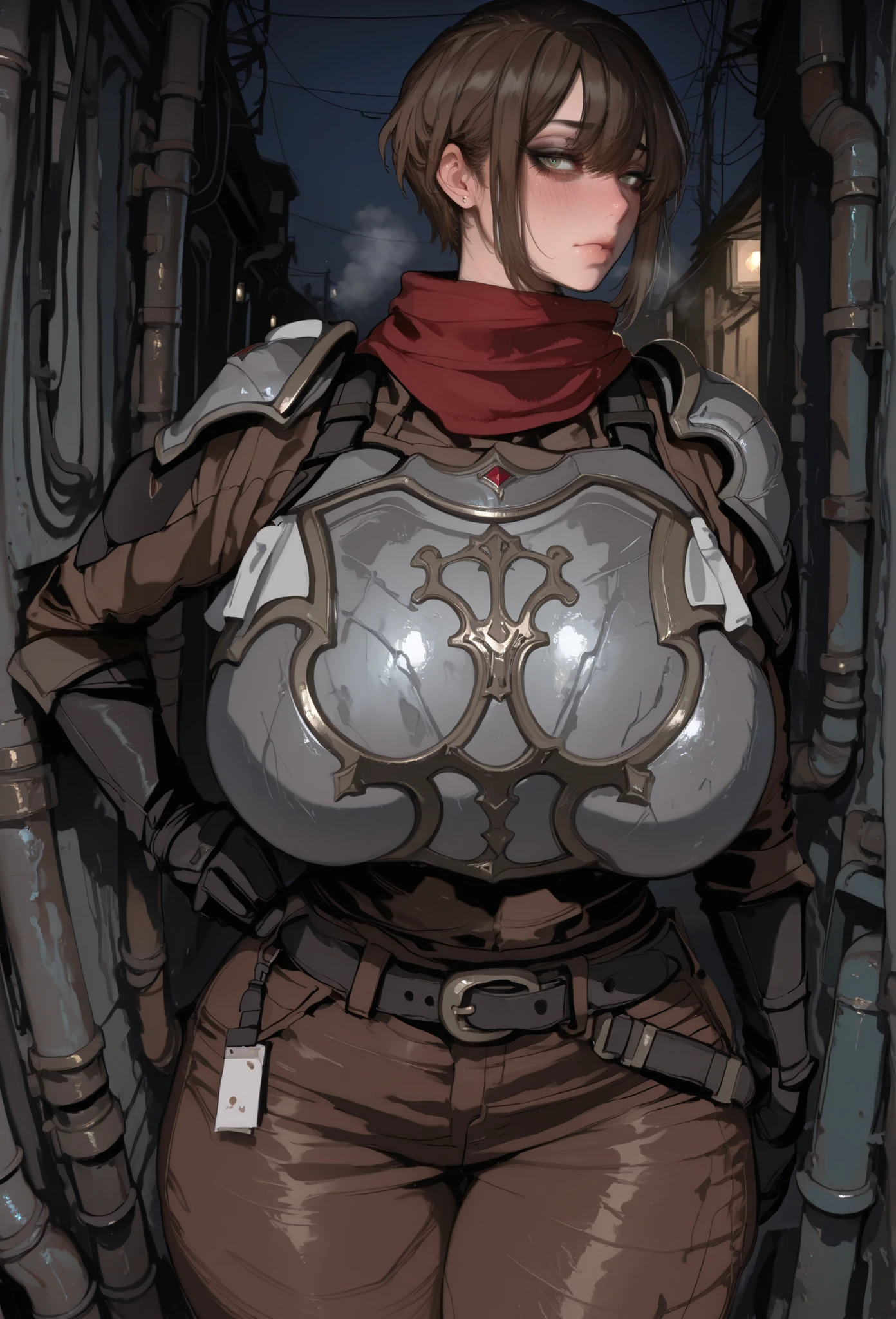 alley,no humans,power lines,industrial pipe,dark,night,dim lighting,blush, embarrassed, hand press on hips, ruanyi0046,l1h4nb0y, brown hair, short hair, brown shirt, brown pants, green eyes, belt, red scarf, pauldrons, breastplate, mamimi, beautiful elegant faces, huge Breasts, wide hips, huge ass, thick legs, thick arms, look at the viewer, eyes fully visible, fully cloth, (8k , top quality , masterpiece) , (realistic , raw photo , super fine clear), make up, mascara, black eyeshadow,