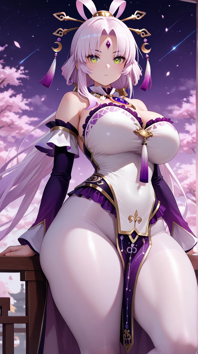 Ascension 3, Final Costume, 1girl in, Solo, Looking at Viewer, Smile, Sitting, blush, flower petals