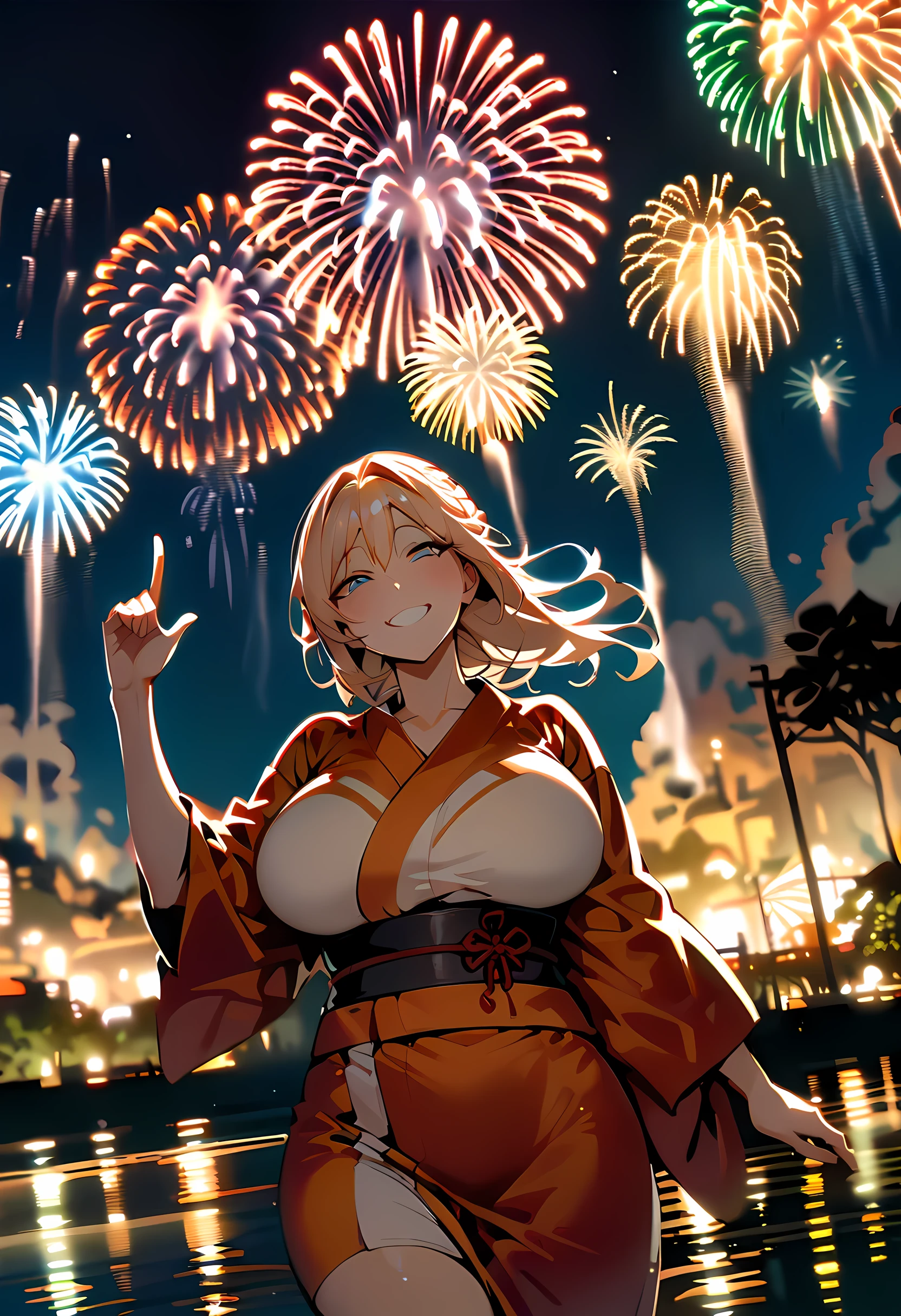 score_9_up,score_8_up,score_7_up,score_6_up,score_5_up,score_4_up,(((1 girl))),(( yukata )),(pekomama),(((milf))), thick eyebrows, droopy eyes,(((big smile ))),(((mature female))),(((open eyes))),(((point at above))), fireworks,outdoor ,riverside ,at night ,cowboy shot,angle from below,