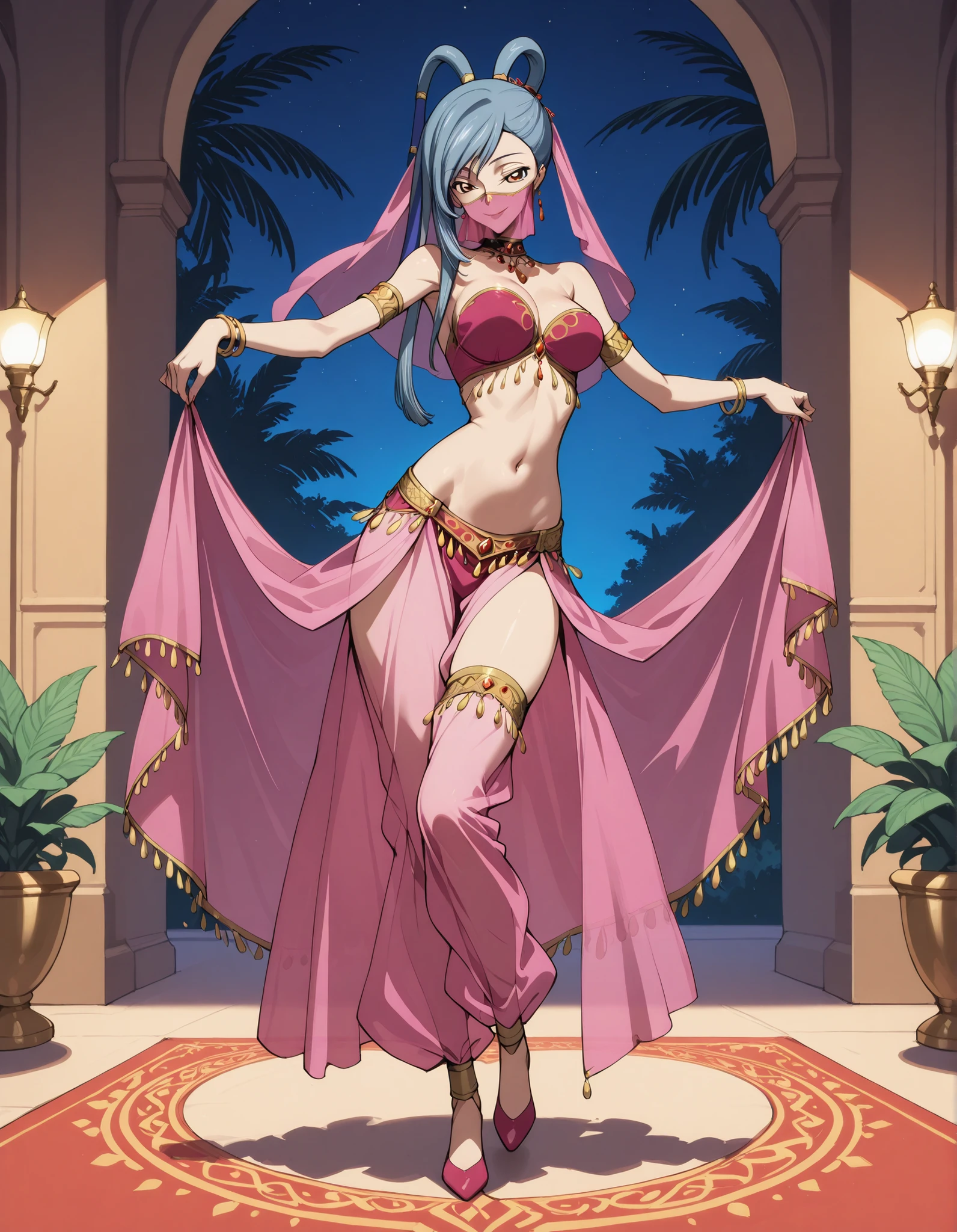 masterpiece, high res, detailed face, detailed eyes, anime screencap, 1 girl, smile, long hair, purple hair, ponytail, slightly dark skin, pink pants, dancing, freckles (((veil covering face))), full body, cowboy shot, indoors, medieval tavern <lora:karen:1>