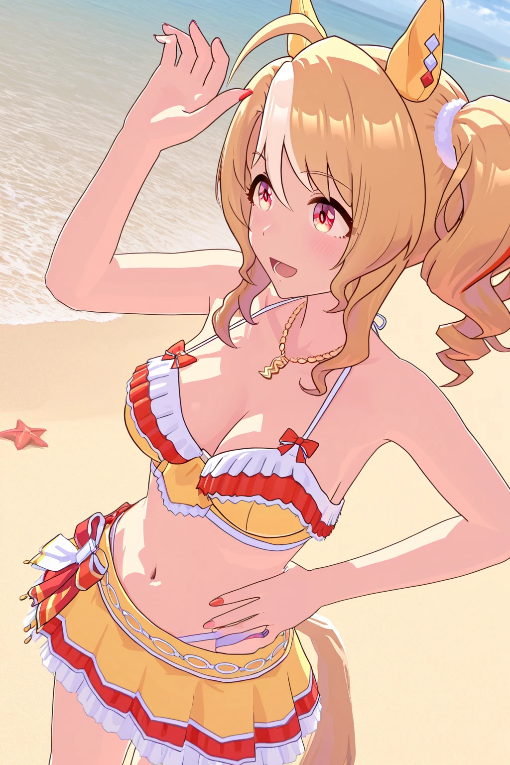 yakumo yukari,1girl, solo, purple_bikini, large_breasts, beach, mob_cap, outdoors, navel, sarong, day, cleavage, looking_at_viewer, open_mouth, ocean, smile, hat_ribbon, frills, blue_sky, red_ribbon, red_bow, bracelet, cowboy_shot, wrist_cuffs, hair_bow
<lora:yakumo_yukari_image6089_2023-12-20-000007:1>,star-shaped_pupils,symbol-shaped_pupils,. gorgeous,key visual, vibrant, studio anime,award-winning, professional, highly detailed,high budget, cinemascope