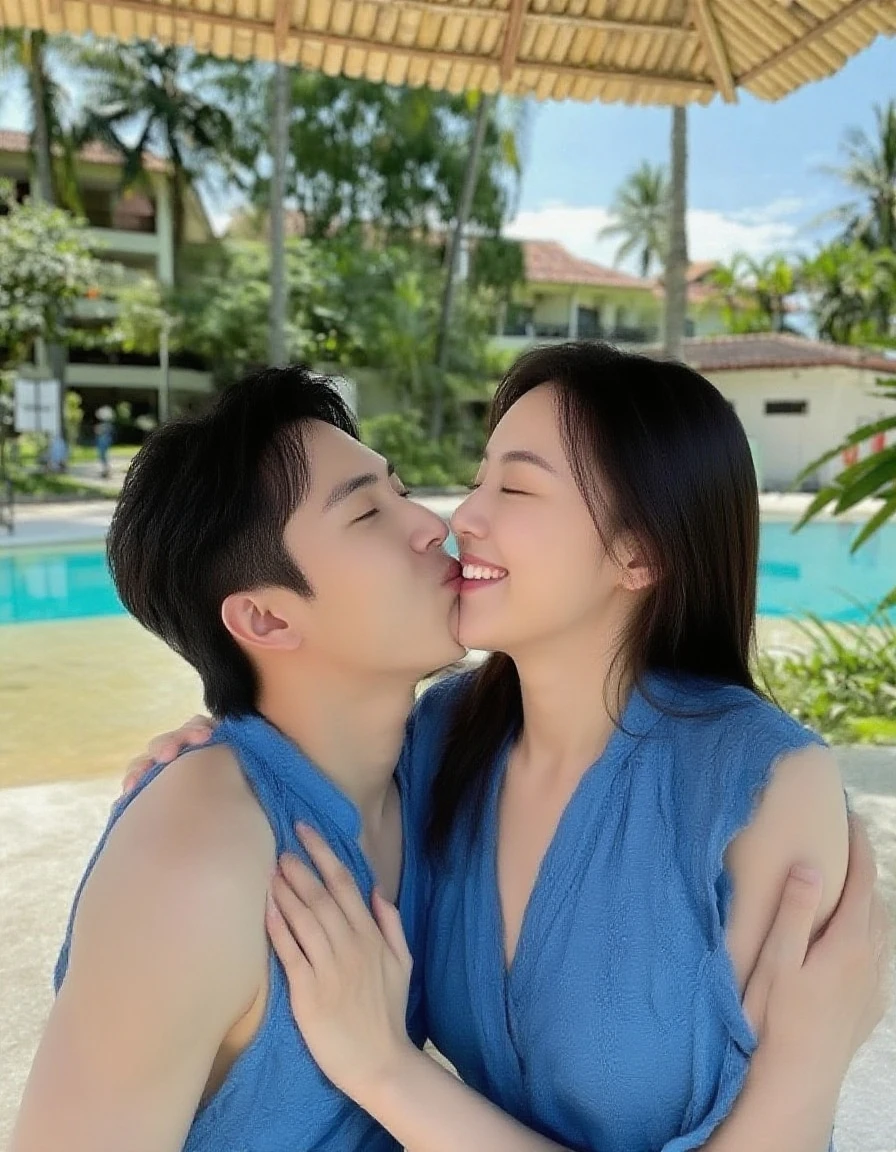 highest quality、4K quality、Man sitting on a chair in the park、Woman in off-the-shoulder dress riding on man、Man touches woman、Man hugs woman、woman opens her legs wide、nude crotch、The woman is shy