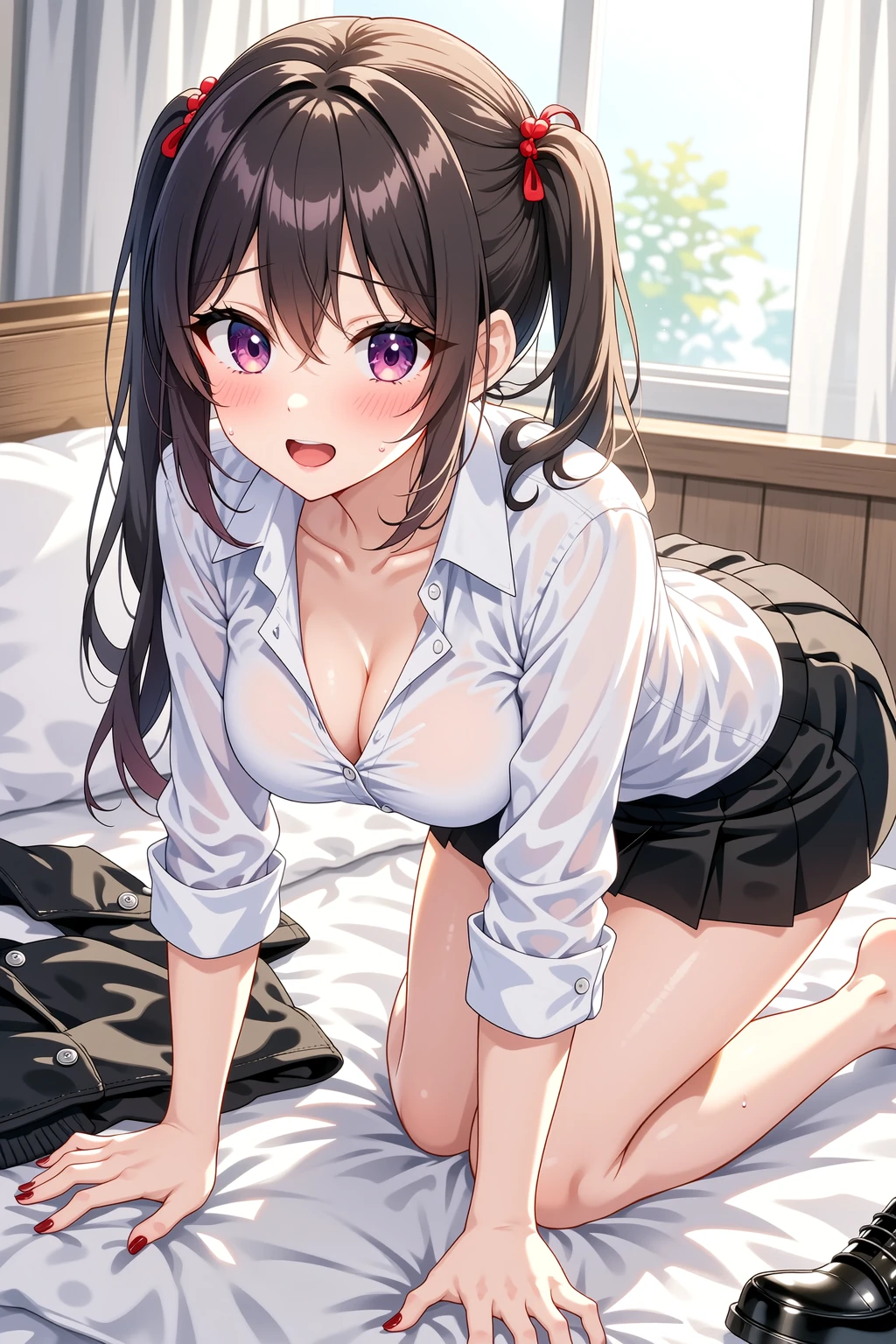 masterpiece,best quality,highres,illustration,hyper detailed,8k cg wallpaper,ray tracing,((brown hair:1.2)),((purple eyes:1.2)),((long hair:1.2)),((straight hair:1.3)),medium breasts,(hiten1:0.8),<lora:add_detail:1>,single bare shoulder,cowboy shot,<lora:single_bare_shoulder_24re_d16:1>,white shirt,single bare shoulder collared shirt,short sleeves,((bra strap:1.2)),wariza,bra peek,on bed,from above,partially unbuttoned,