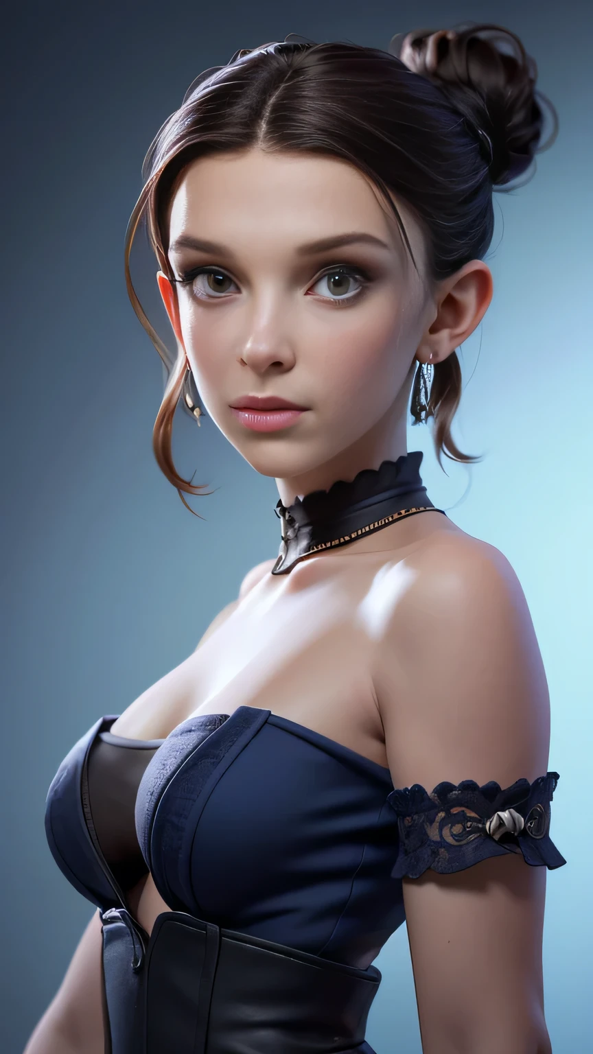 RAW digital art, ultra-realistic 3D render of a stunning woman resembling Millie Bobby Brown, ((highly detailed face:1.3)), flawless skin texture, expressive eyes with subtle reflections, soft shadows and cinematic studio lighting, Pixar-inspired style blending vibrant colors with realistic details, smooth yet detailed hair strands, perfectly portioned body, perfect breasts, cleavage, wearing a elegant midnight blue velvet gown, off-the-shoulder design, corseted waist, sapphire earrings, hair swept back in bun, high-profile film festival premiere in Cannes with flashing cameras, Standing with arms slightly back, chest forward, subtle arch to create an elongated silhouette, background softly blurred with warm tones, (8K resolution, intricate textures, sharp focus, portrait)
