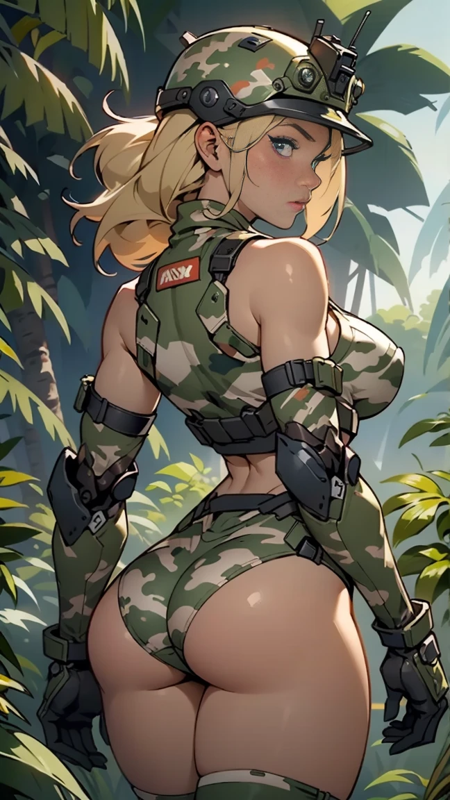 1woman 20 years old, max resolution, sculpted, military, wearing a soldier helmet, beautiful, perfect body, blonde hair, blue eyes, perfect body, thin waist, wide hips, large breasts, slim thighs, jungle background, armored vehicle, military robot dog, camouflaged uniform, tight panties, two-piece, highly detailed, high resolution, perfect hands, rear view, camo, from behind, bare shoulders