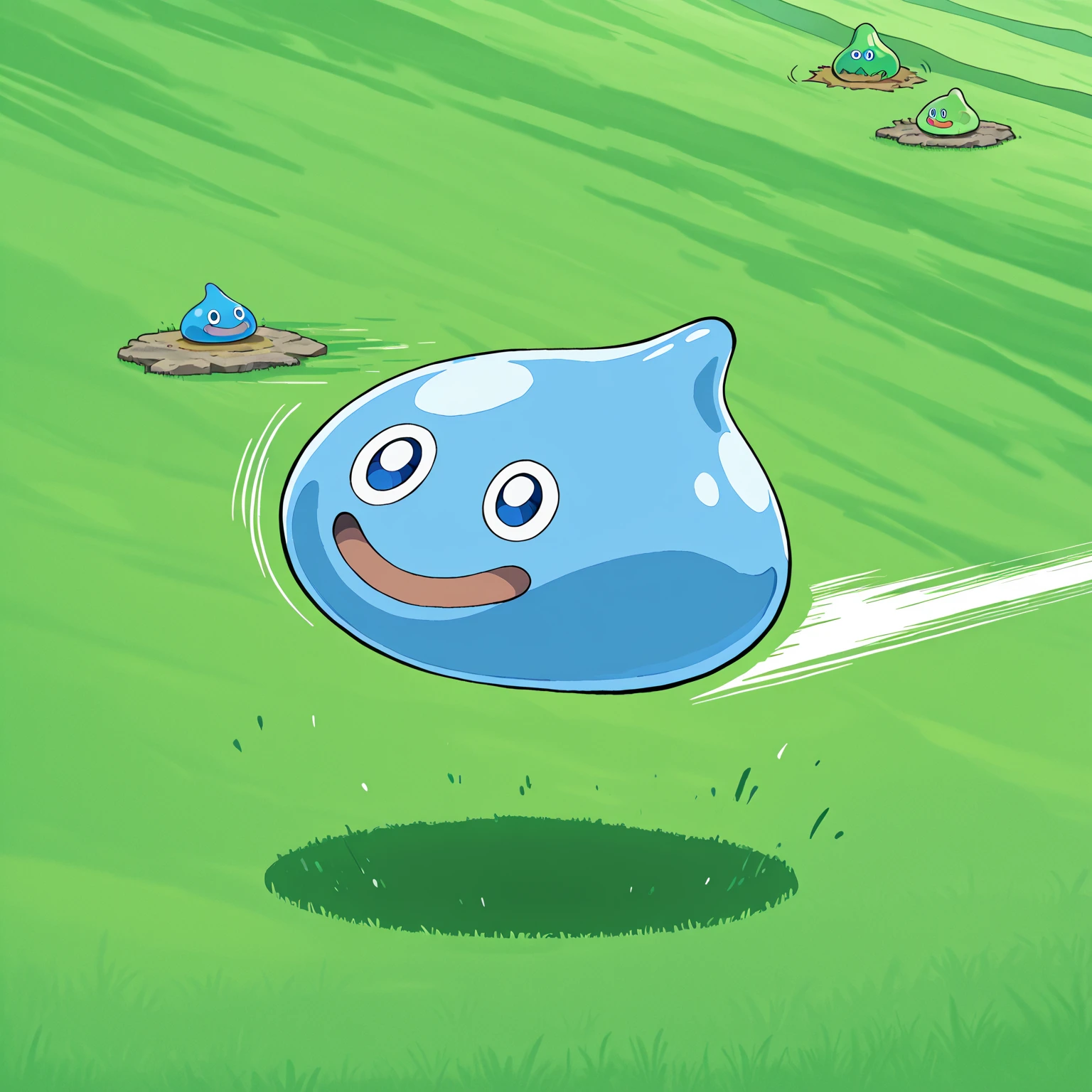 1 slime (dqslime, blue skin) appears , That slime is jumping and bouncing happily, zoom, green meadow and rocky mountains and sky in the background