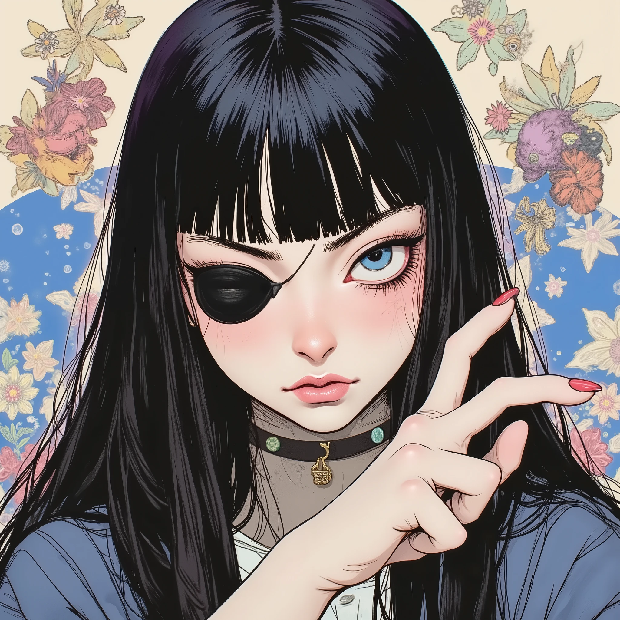 character, women in their 30s, abstract expression、Black hair without bangs,BIG BLACK EYES,He has an eyepatch on one eye.,Pirate outfit , Pirate outfitのポケットにオウムのぬいぐるみ, blue and white striped cloak, Dynamic pose with one arm raised, angle looking up from below、Front Map,Facing a girl、 playful vibrant vibe, steampunk background, flat, colorful illustration style, color of haiko trust, Digital Art, screen print inspired by one old man doodle, black light velvet poster, Details inspired by Gary Baseman, Detailed close-up, Additional Details, close-up shot, Magical painting atmosphere in an ominous realm, Dan DeCarlo painting style, middle close-up.