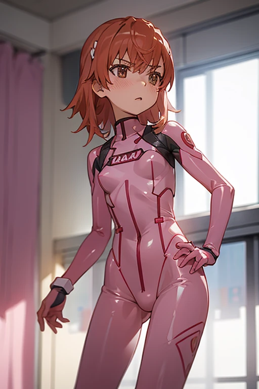 1girl,solo,cowboy shot,pink bodysuit, shrug \(clothing\), <lora:char-madoka:0.8> ,large breasts, hand on hip, city, <lora:AliceShrugClothingPinkBodysuitV2:1>,long sleeves,