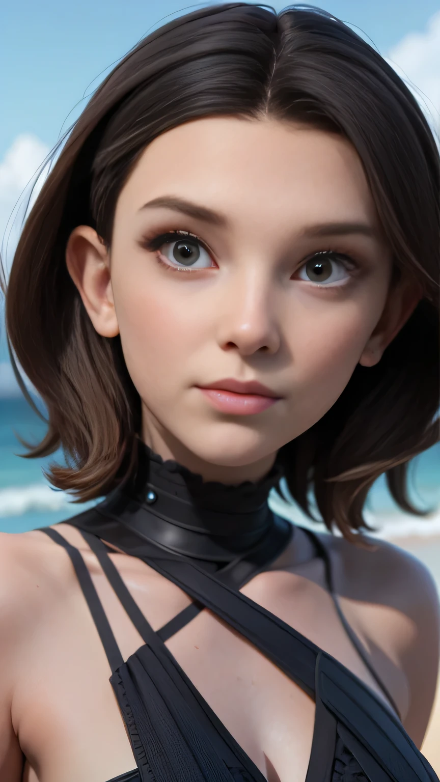 RAW digital art, portrait, ultra-realistic 3D render of a stunning woman resembling Millie Bobby Brown, ((highly detailed face:1.3)), flawless skin texture, expressive eyes with subtle reflections, soft shadows and cinematic studio lighting, Pixar-inspired style blending vibrant colors with realistic details, smooth yet detailed hair strands, perfectly portioned body, perfect breasts, cleavage, wearing a gown resembling a midnight ocean, flowing silk dyed with shimmering gradients, embroidered with glowing bioluminescent accents, seashell crown, barefoot elegance, coastal film festival red carpet by the sea, Standing with arms slightly back, chest forward, subtle arch to create an elongated silhouette, background softly blurred with warm tones, (8K resolution, intricate textures, sharp focus)