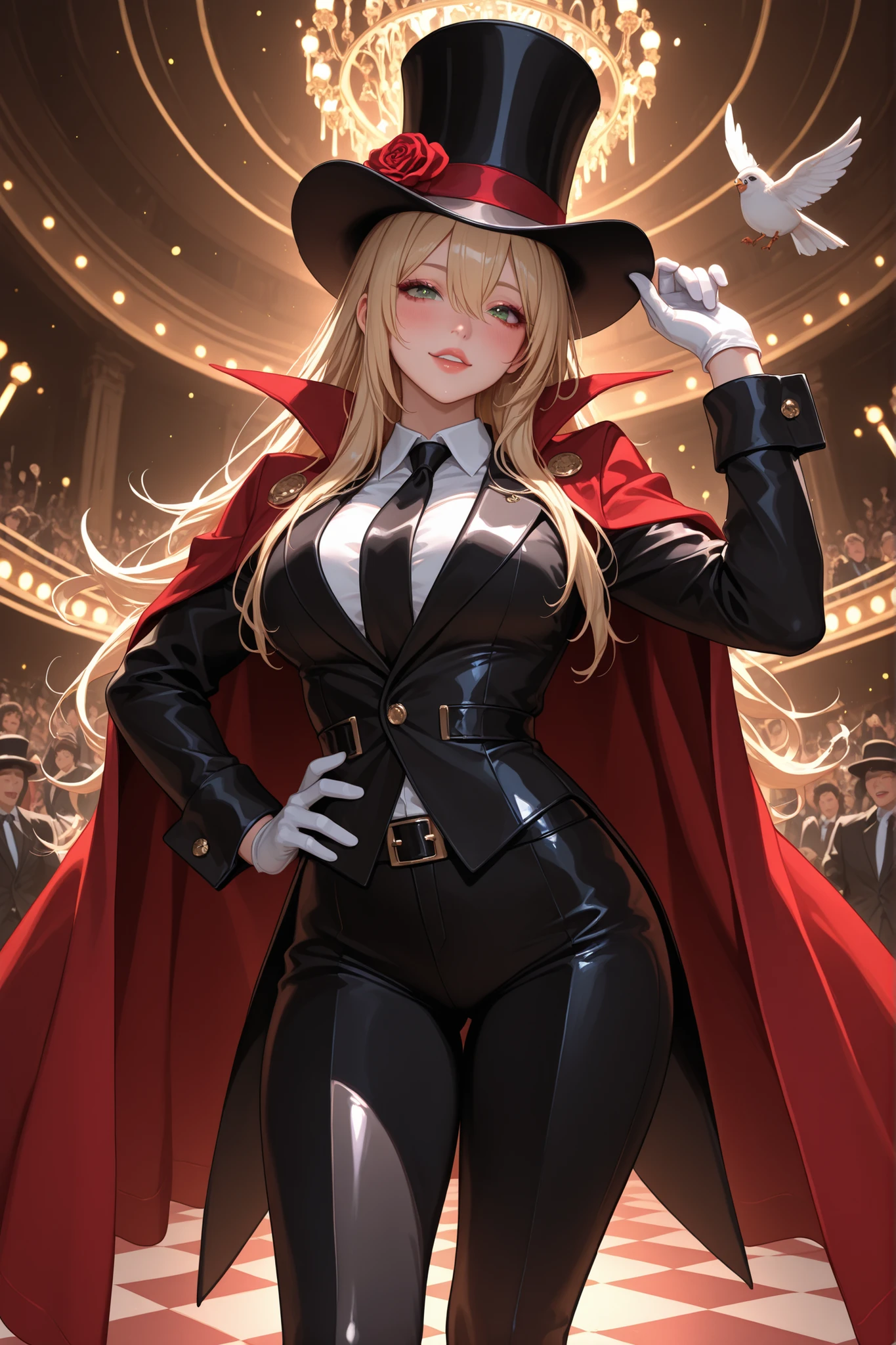 Highest Quality、anime style、masterpiece、Chibi Character Style、On the circus stage、the moment a mini magician girl takes a bird out of her black silk hat and surprises the audience、costume is a black magician suit、Red Cloak、top hat、white gloves、cute