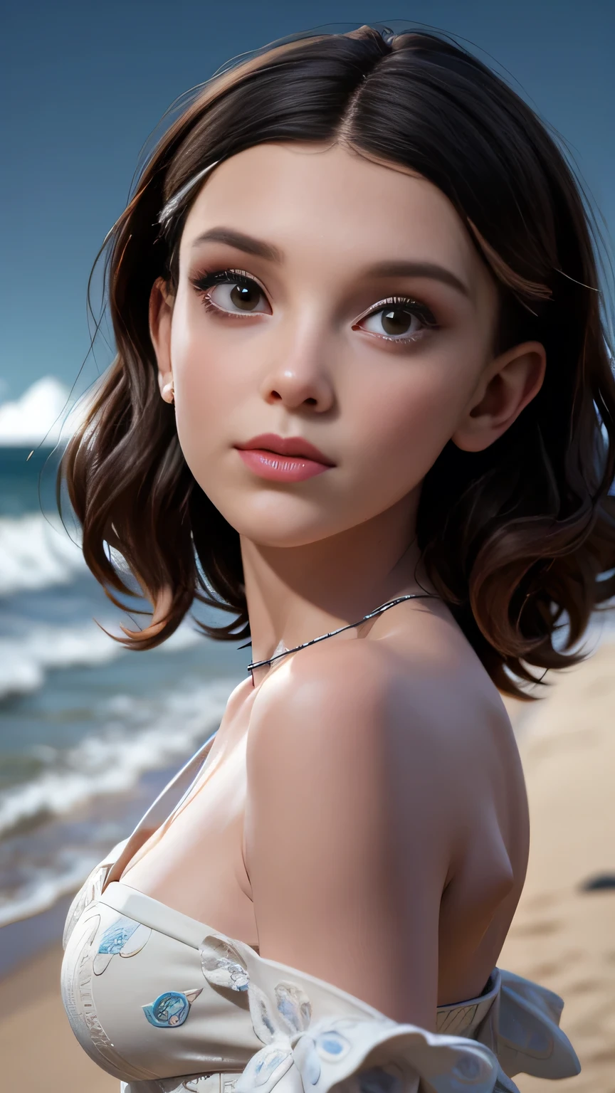 RAW digital art, portrait, ultra-realistic 3D render of a stunning woman resembling Millie Bobby Brown, ((highly detailed face:1.3)), flawless skin texture, expressive eyes with subtle reflections, soft shadows and cinematic studio lighting, Pixar-inspired style blending vibrant colors with realistic details, smooth yet detailed hair strands, perfectly portioned body, perfect breasts, cleavage, wearing a gown resembling a midnight ocean, flowing silk dyed with shimmering gradients, embroidered with glowing bioluminescent accents, seashell crown, coastal film festival red carpet by the sea, Standing with arms slightly back, chest forward, subtle arch to create an elongated silhouette, background softly blurred with warm tones, (8K resolution, intricate textures, sharp focus)