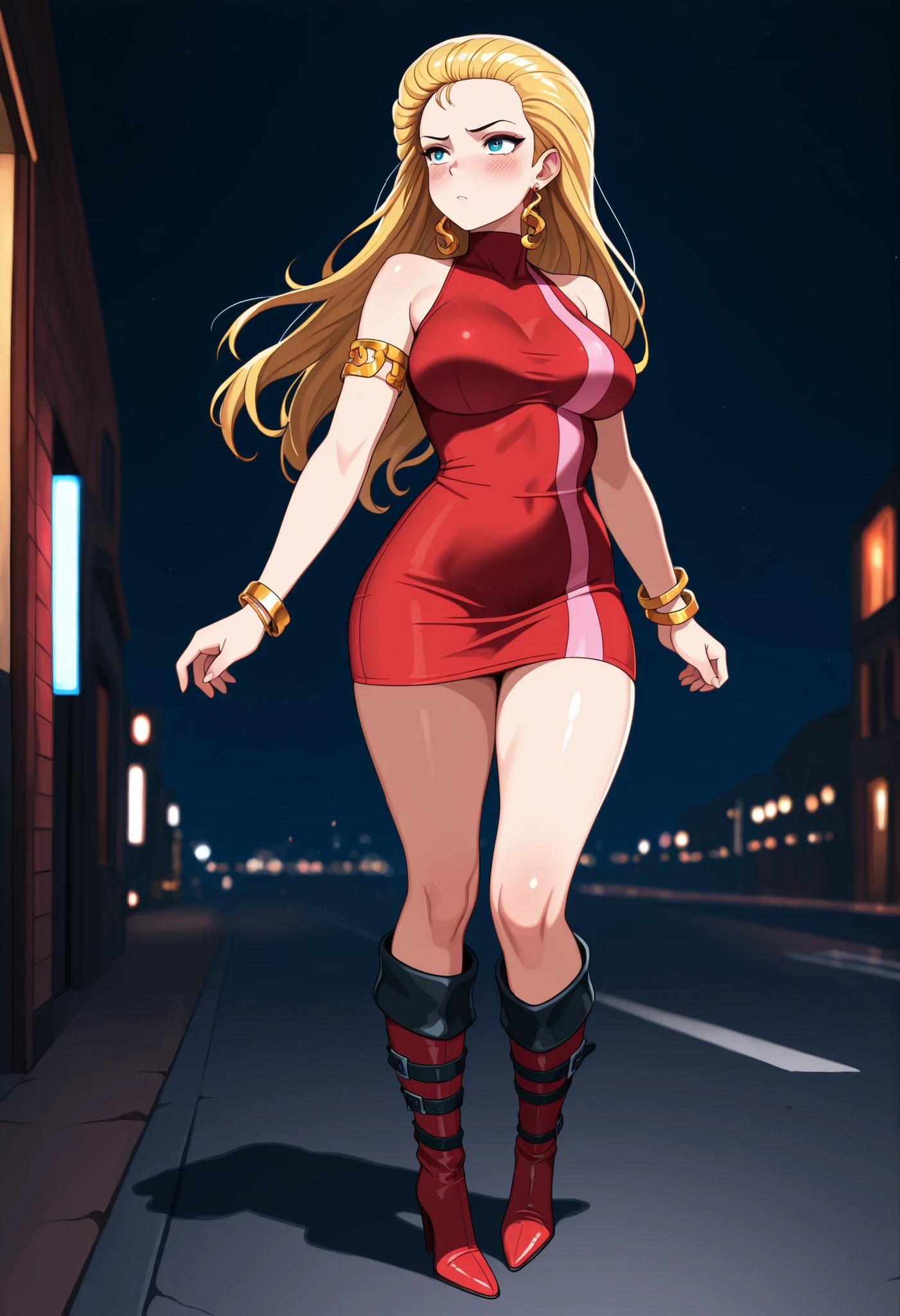 1girl, solo, night street, large breasts, blush, bdc0n, blonde hair, hair slicked back, long hair, blue eyes, earrings, turtleneck dress, red dress, pink stripe, sleeveless, armlet, bangle, short dress, knee boots, high heel boots, red footwear, masterpiece, best quality, amazing quality