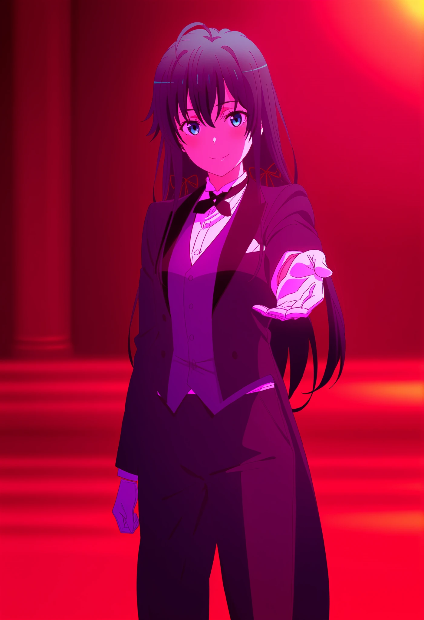 Yukinoshita Yukino, 1girl, white-skinned, hdr,UHD,8k, Best Quality, 巨作, A highly detailed, Ultra-high resolution panel, , cinematic lighting, slender, head tilted, aqua eyes, seducing smile, Straight Hair,tuxedo tailcoat, vest under tailcoat, hair, (Black hair), (human), (Tuxedo), Long trousers, black trousers, Butler, cool+, tie, white gloves, reaching twords viewer