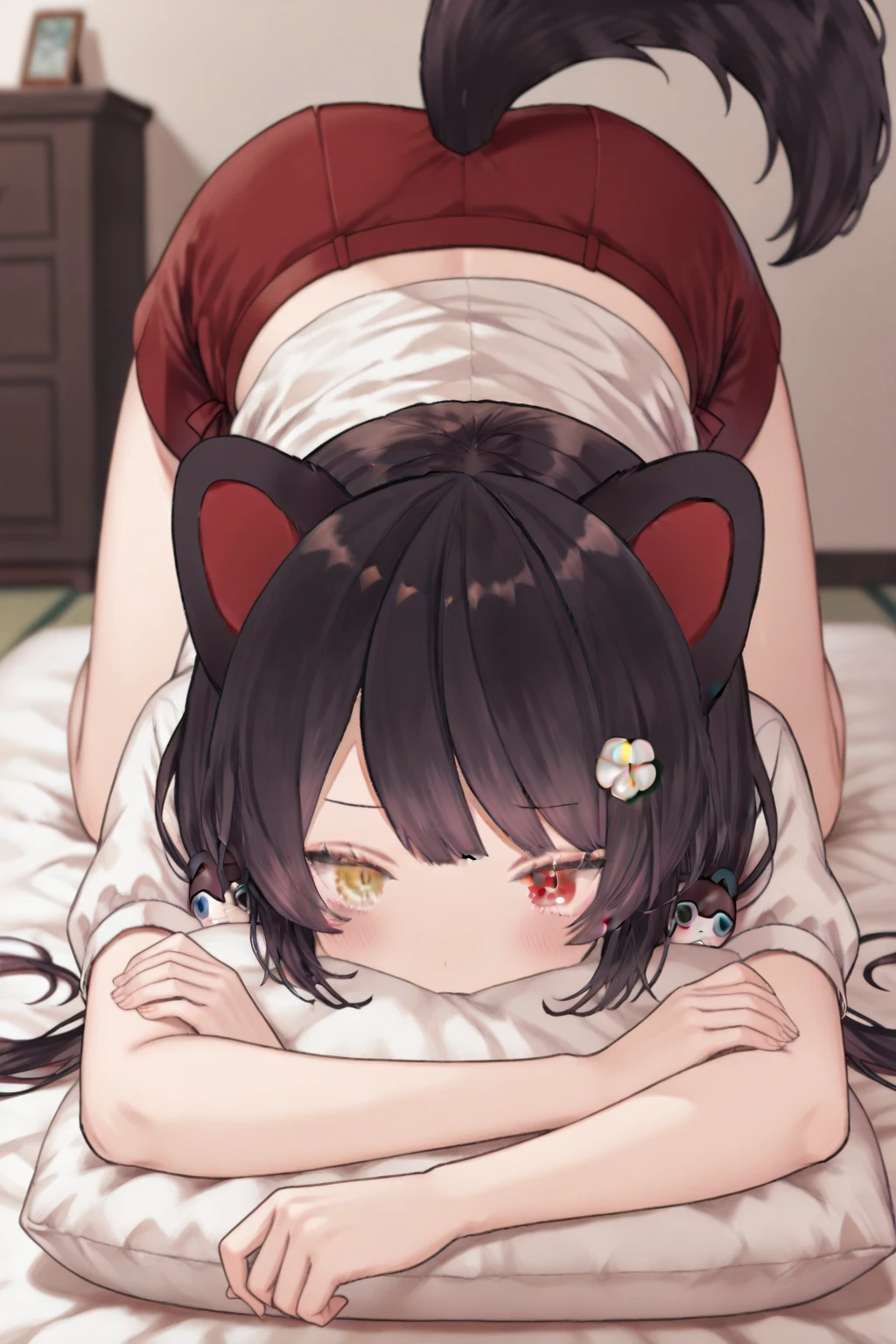 1girl, impitou, indoor ,:3, curly hair, red eyes, cat tail,solo, pov,masterpiece, bed room,expensive quality, very_expensive_solve, big_file size, full color,(completely nude:1.2),pussy,niplles,(Loli kid),toddler,night,(vaginal sex:1.3),