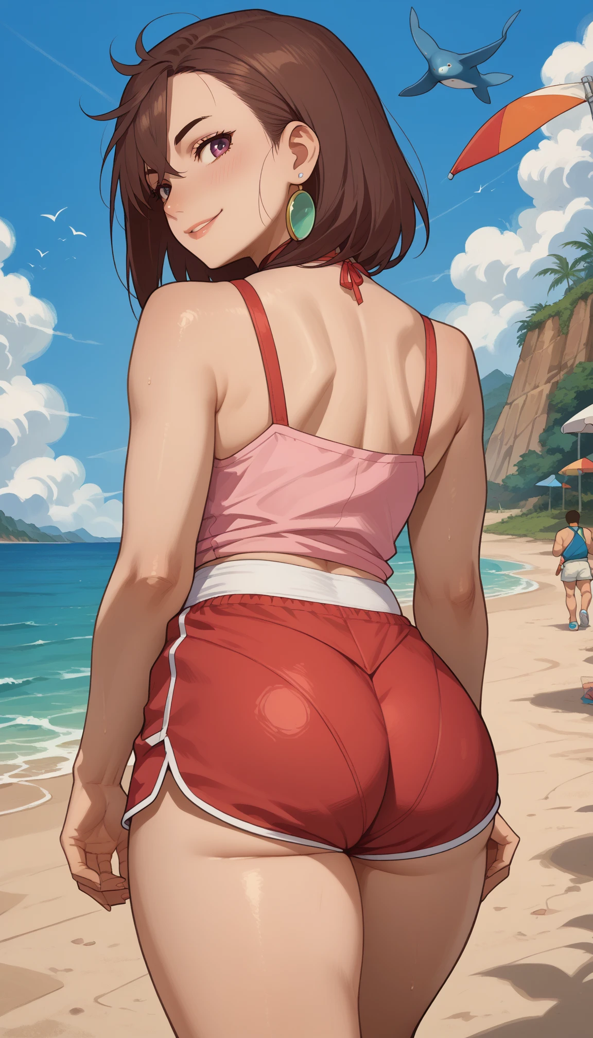 masterpiece, best quality, newest, absurdres, highres, source_anime, 
BREAK, 
expressive eyes, perfect face, cinematic lighting, high definition, eyesHD, high gradient eyes, high definition eyes, 
BREAK, 
1girl, aerith gainsborough, long hair, sidelocks, ponytail, brown eyes, braided ponytail, braided ponytail, pink hair bow, choker, long eyelashes, sharp eyes pupils, full lips, parted lips, thick thighs, massive round ,  face, 
BREAK, 
laying on beach towel, beach background, ocean, laying on stomach, feet in the air, legs up, legs bent,  up, on stomach, prone on , 
BREAK, 
1girl, sunbathing, tanning, untied ,  press, , , on stomach, shiny skin, ,  face, from side, arms up, armpits, outdoors, beach, sand, beach towel, 1girl, looking back, dutch angle,