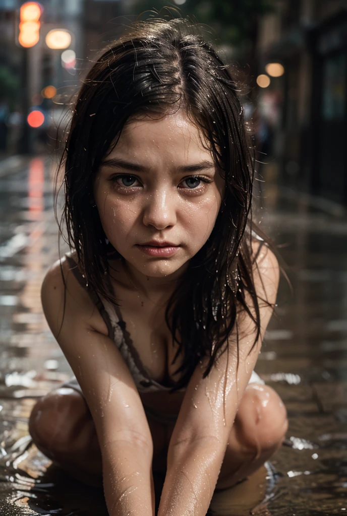 1girl, Realistic Chinese pretty teenage girl,16-years old,black long hair, pink colour lace camisole, erotic, small breast,sweat, greasy, kneeling on ground, from above, point of view, looking up,eye contact, wet body, wet face, wet hair, wet clothes, hold breasts with two hands