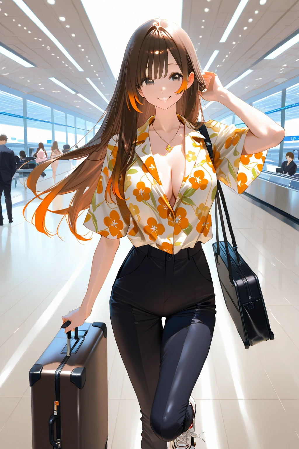 Bee girl in luxury elegant outfit at airport going to Korea boobs, big brown hair Anime