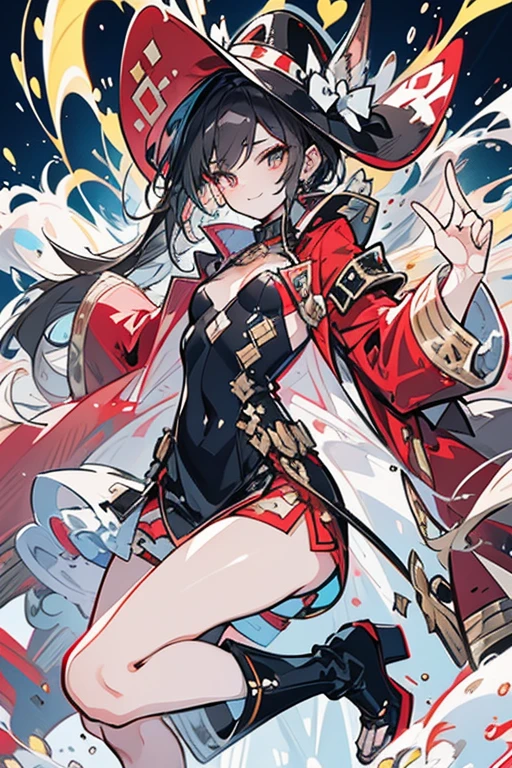 best quality, masterpiece, highres, solo, {yuuki_setsuna_loveliveschoolidolfestivalallstars:1.15}, black_hair, long_hair, bangs, grey_eyes, smile, sidelocks, one_side_up, breasts, blush, black_eyes, hair_ornament, medium_breasts, 1girl, cleavage, collarbone, epaulettes, gloves, shiny_hair, black_gloves, fingerless_gloves, looking_at_viewer, midriff, navel, see-through, asymmetrical_sleeves, belt, fire, jacket, red_sleeves, shiny, single_sleeve