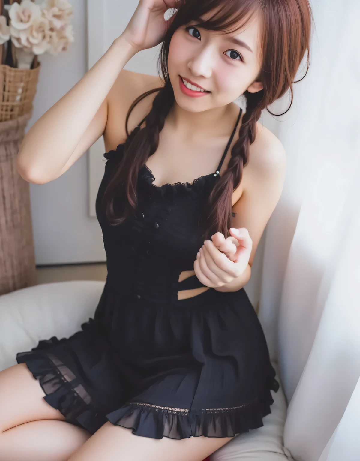 high school girl, very cute girl, angelic smile,
BREAK, dark brown hair, side braids, long hair, thin hair, promo art with expressive hair, dynamic hair,
BREAK, sleeveless dress, black gothic dress, cute dress with lots of ruffles, especially short skirt, black heart-patterned tie, red pumps,
BREAK,
High resolution, masterpiece, accurate, anatomically accurate, award-winning, highest quality, high-resolution model, high resolution, high quality, retina, highly detailed, ultra-high resolution, textured skin,
BREAK, full-body shot, photographed by a professional photographer, soft light source, low angle, looking into the camera, use of reflector