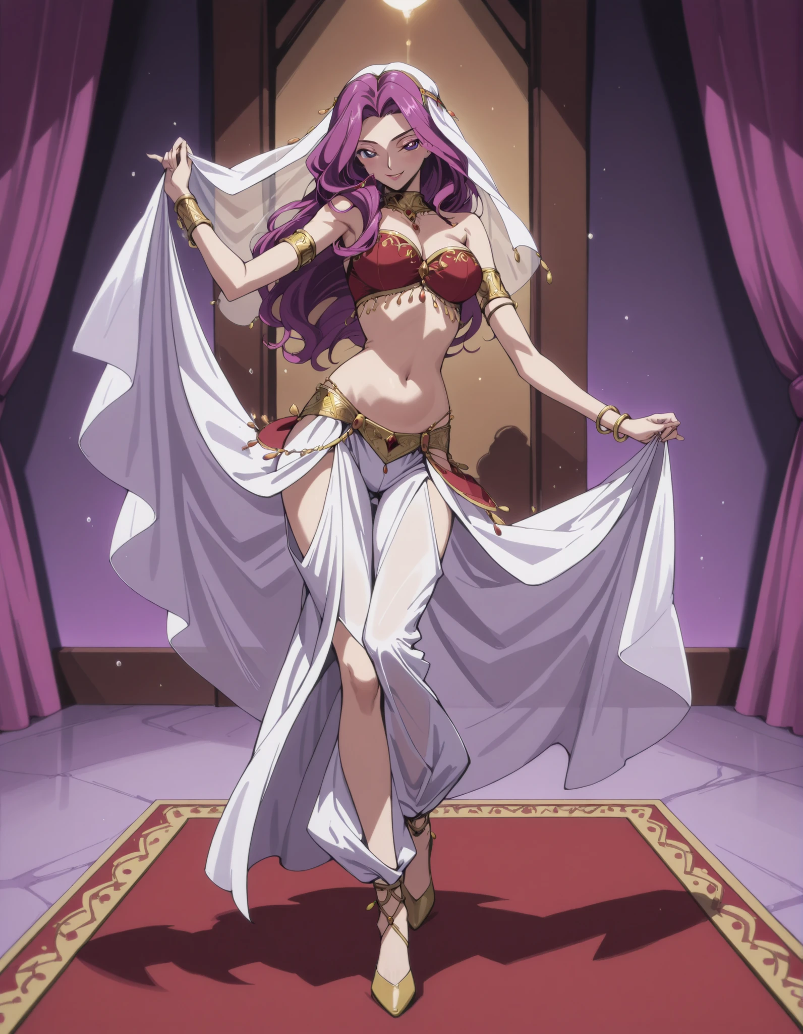(1girl:1 . 5) , (Seul:1 . 5) , score_9 , score_8_haut , score_7_haut , source_anime , Official work , ultra-detailed , masterpiece , best quality selfie snapshot , high resolution , beaux yeux , detailed eyes , detailed face , beautiful detailed eyes ,Code Geass,Cornelia Li Britannia ,Arabian Clothes , Arabian Dancer ,belly dancer costume ,full body,golden jewelery,armlet, belly dancing,arabian theater,seductive smile, dancing with veil, dynamic movement,dance posture, seductive pose