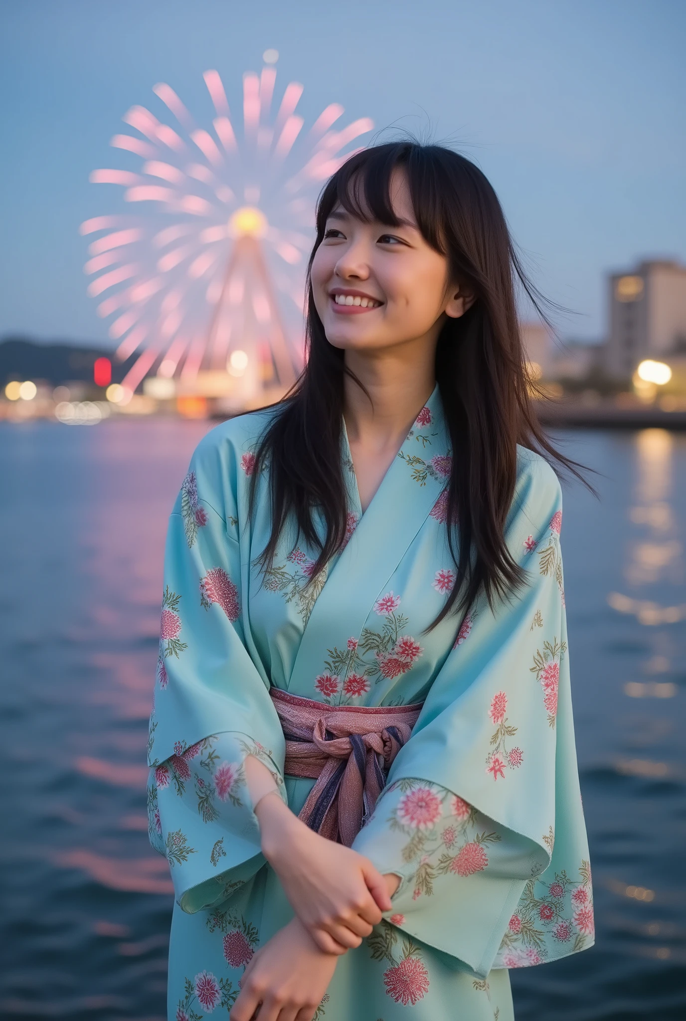 A young Japanese woman wearing a pale turquoise blue floral-patterned yukata, sleeves rolled up revealing her armpits, quietly smiling as she gazes at fireworks bursting in the sky, riverside at dusk, photorealistic, 16k, RAW photo.
