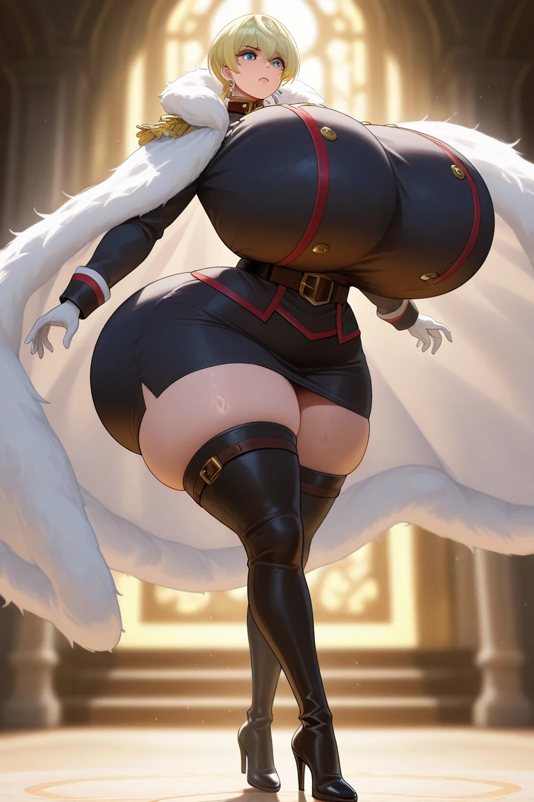 Precise CG artwork, (highest quality, exquisite details, absolute masterpiece, beautiful詳細な顔, beautiful, sharp gaze,), (image from head to toe)), ((full body image)),((Rear view)),(plus size model)),((short white cloak with fur,Wearing sexy BDSM gear)), (((black skin))),(((pale blonde hair))),(1 black mature,浅黒い肌でbeautiful、short white cloak with fur,Wearing sexy BDSM gear),詳細beautiful成熟した顔, 非常に詳細なbeautiful顔と鋭い目, (Detailed, attractive, clear eyes), (plump glossy purple lips)), (purple eye shadow), blush, (sadistic and seductive smile), (Curvaceous), ( 信じられないほど巨大なCurvaceousのヒップ), (very huge sensual ass), (ridiculously huge thick thighs), (glowing skin), (wet oily skin), finger nail art, Jewelry is, bangle, hoop earrings