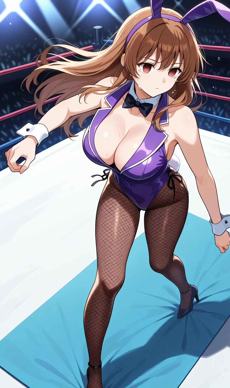 (masterpiece),(best quality), shannon, brown dress, casual outfit, hat, purple bow, short sleeves, smile, ((Tight leotard)), ((sexy pose)), ((Wrestling ring)), (Big tits), (Wide hips), short hair, looking at the viewer,