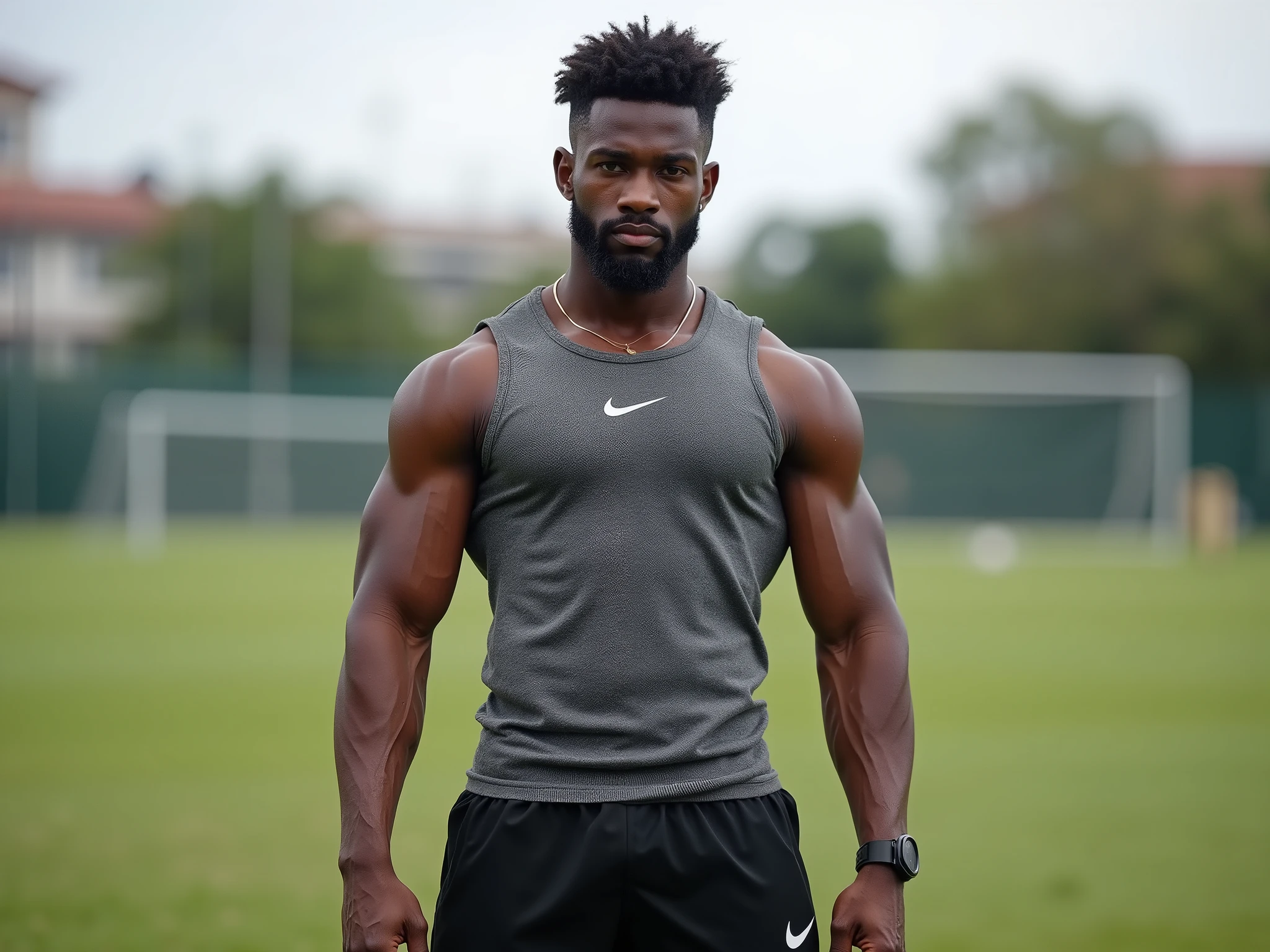 Idade: 20 anos;
Gender: Masculino;
Etnia: ;
Cor dos olhos: preto;
cabelo: curto crespo;
cor do cabelo: preto;
barba: cavalhaque perfeito;
cor da barba: preto;
altura: 2 metros;
corpo: , musculoso, definido, athletic, hunk, perfeito;
detalhes do rosto: maduro, lindo, nariz grande, labios grandes;
detalhes do corpo: leve brilho de suor;
roupa: gray fitted wool tank top with a cap around the neck, black shorts symbol of Nike, chuteira de futebol;
Accessory: colar de ouro;
Personalidade: Intimidador, controlador, manipulador;
Comportamento: Passivo agressivo, ciumento, provocador, intimidador, chantagista;
Expression: Olhar intimidante, sorriso fechado, neutro, looking at the camera, expressing intimidation;
Pose: standing, showing authoritarian intimidation;
Ambiente: Brazilian soccer field at a school, clima nublado, por do sol;
Imagem: 4k, HD, realista, , jogador de futebol, musculoso, perfeito, homem, intimidador, meio corpo e rosto, male, men, man, hunk, perfect body;