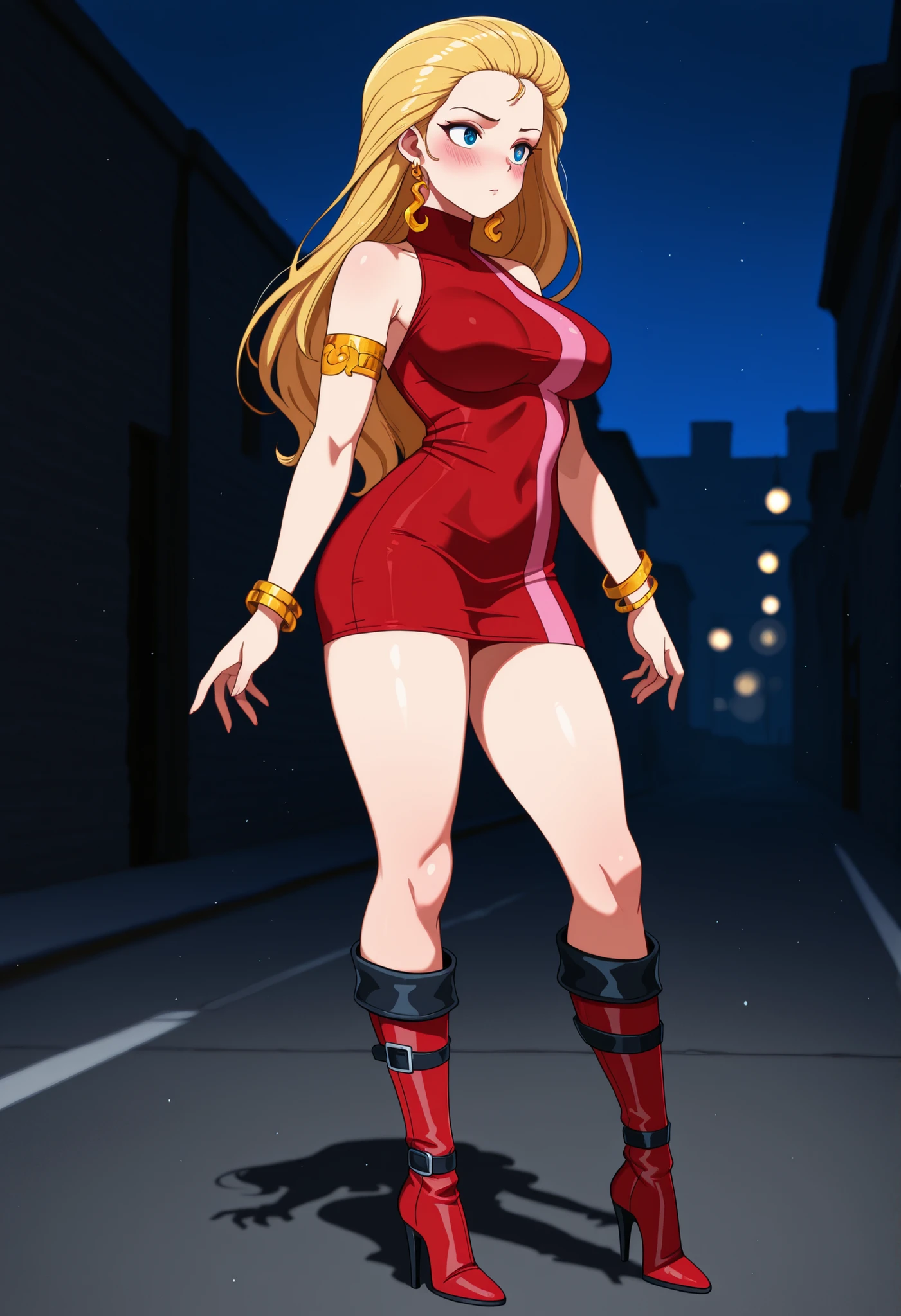 1girl, solo, night street, large breasts, blush, bdc0n, blonde hair, hair slicked back, long hair, blue eyes, earrings, turtleneck dress, red dress, pink stripe, sleeveless, armlet, bangle, short dress, knee boots, high heel boots, red footwear, masterpiece, best quality, amazing quality
