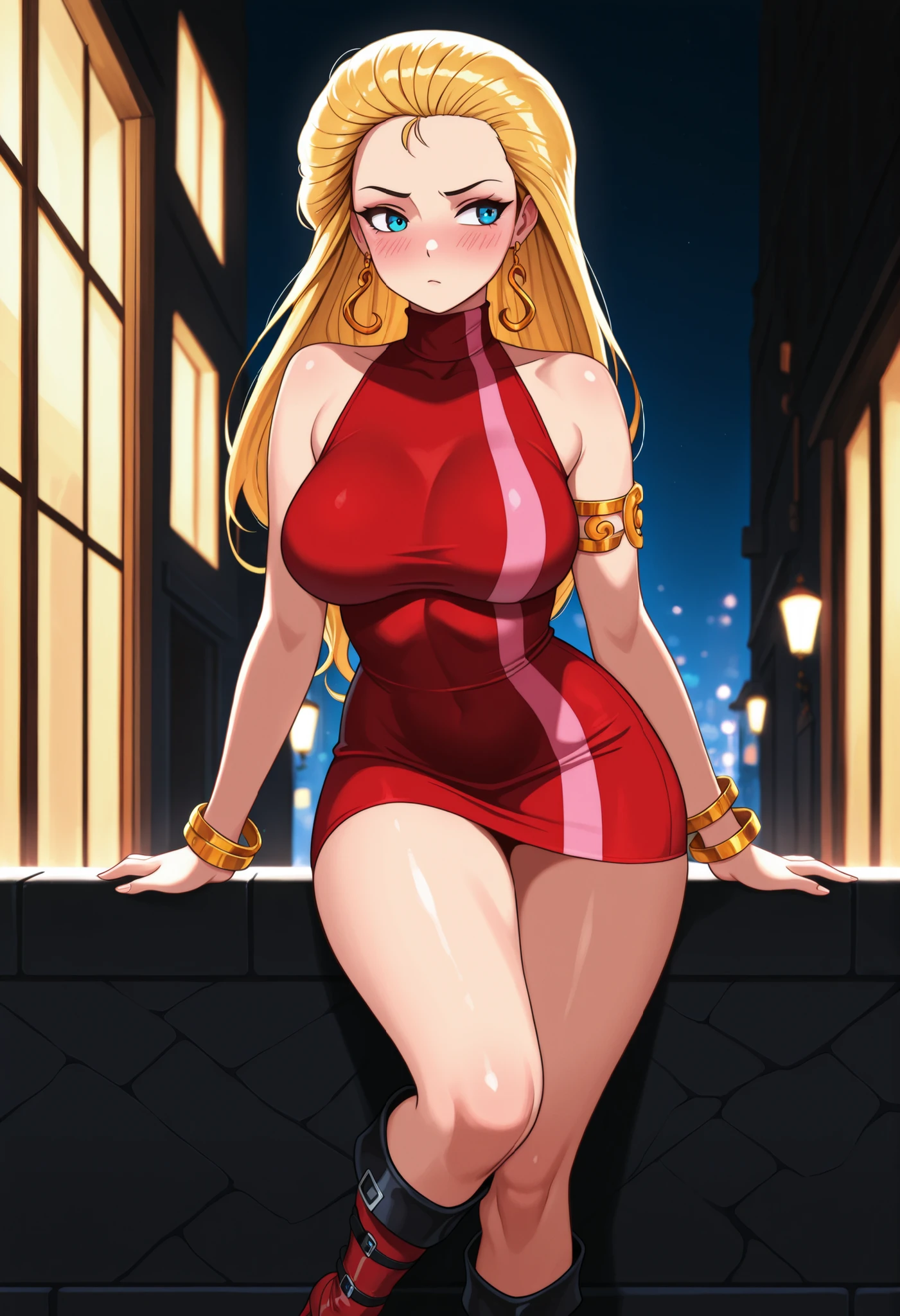 1girl, solo, night street, large breasts, blush, bdc0n, blonde hair, hair slicked back, long hair, blue eyes, earrings, turtleneck dress, red dress, pink stripe, sleeveless, armlet, bangle, short dress, knee boots, high heel boots, red footwear, masterpiece, best quality, amazing quality