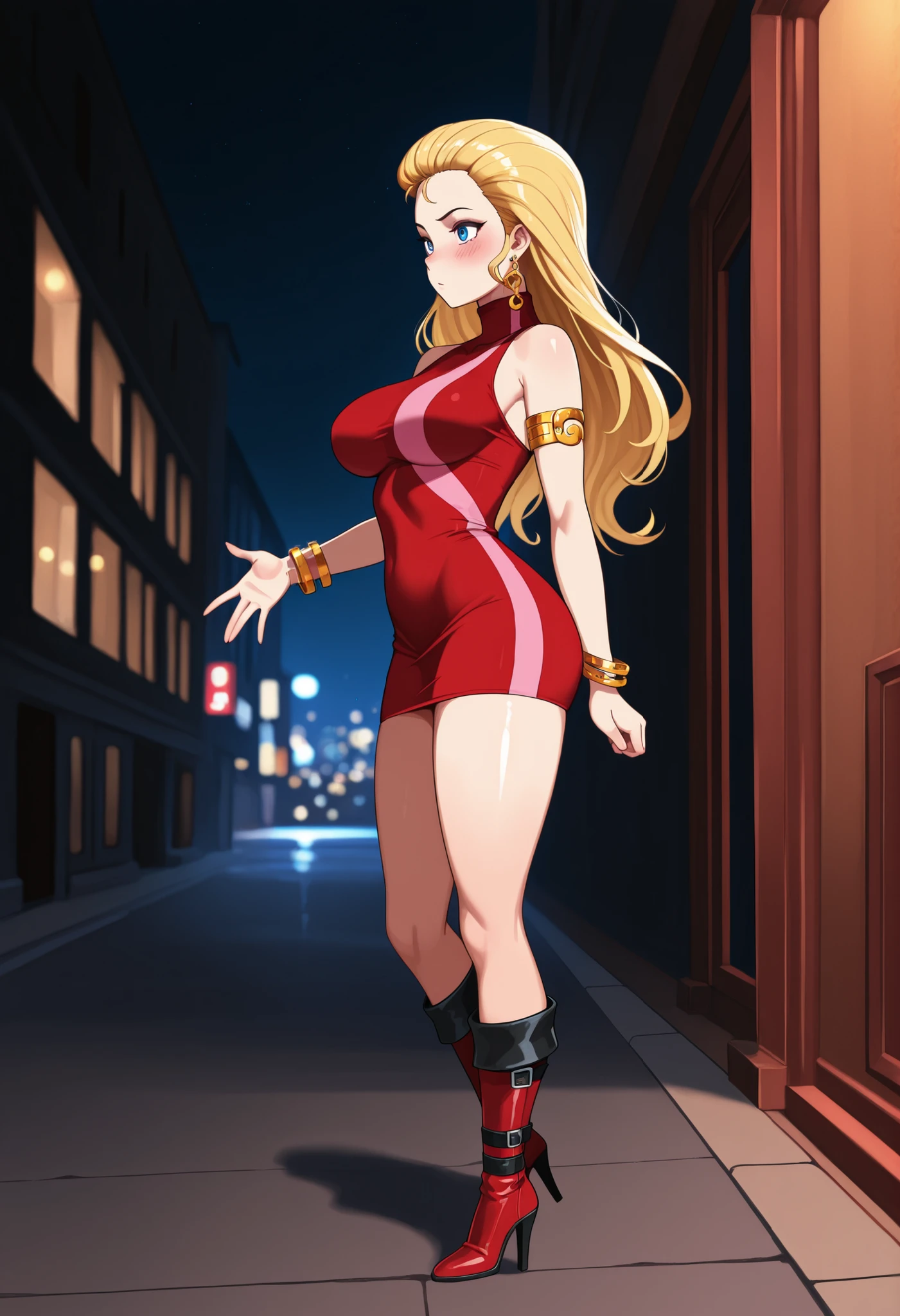 1girl, solo, night street, large breasts, blush, bdc0n, blonde hair, hair slicked back, long hair, blue eyes, earrings, turtleneck dress, red dress, pink stripe, sleeveless, armlet, bangle, short dress, knee boots, high heel boots, red footwear, masterpiece, best quality, amazing quality