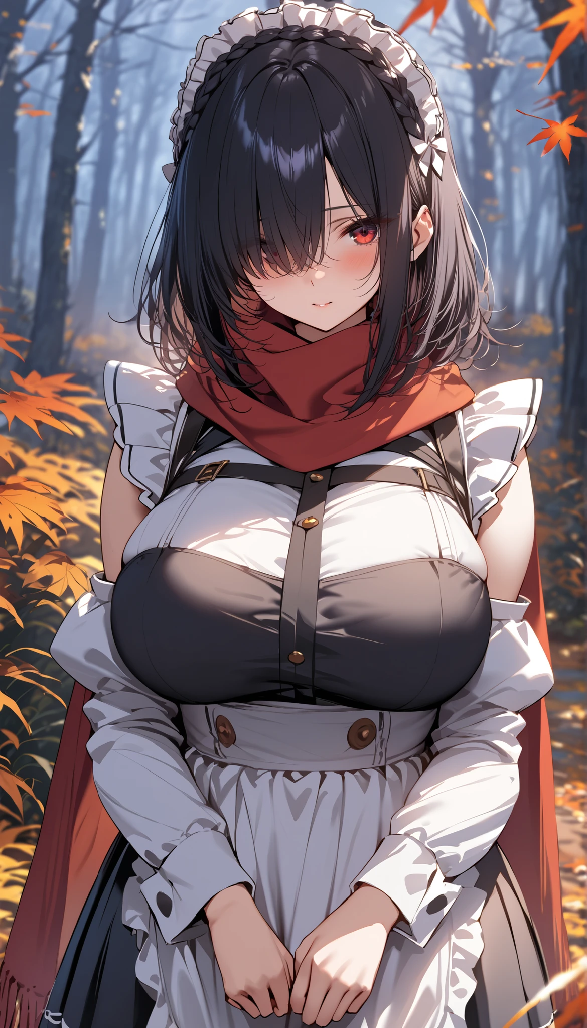 Serana, 1girl, solo, large breasts, red eyes, cape, cleavage, black cape, long sleeves, cowboy shot, black leggings, outdoors, cherry blossom trees, night, <lora:Serana_çæå¨v2:1>, braid, falling petals, star (sky), starry background, pale skin, expressionless, indifferent,, masterpiece, best quality,