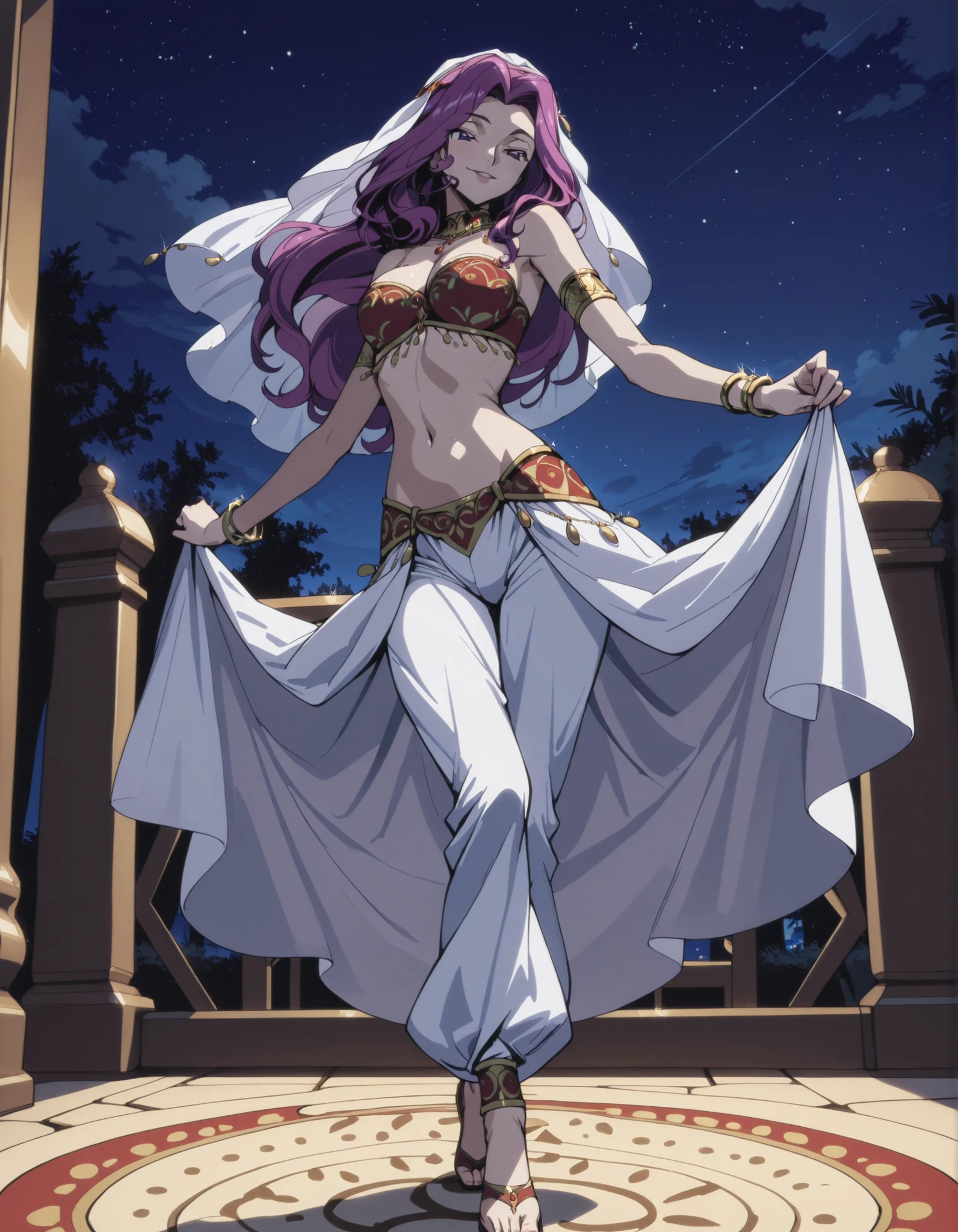 (1girl:1 . 5) , (Seul:1 . 5) , score_9 , score_8_haut , score_7_haut , source_anime , Official work , ultra-detailed , masterpiece , best quality selfie snapshot , high resolution , beaux yeux , detailed eyes , detailed face , beautiful detailed eyes ,Code Geass,Cornelia Li Britannia ,Arabian Clothes , Arabian Dancer ,belly dancer costume ,full body,golden jewelery,,armlet, belly dancing,night,arabian garden,seductive smile, dancing with veil, dynamic movement,dance posture, seductive pose