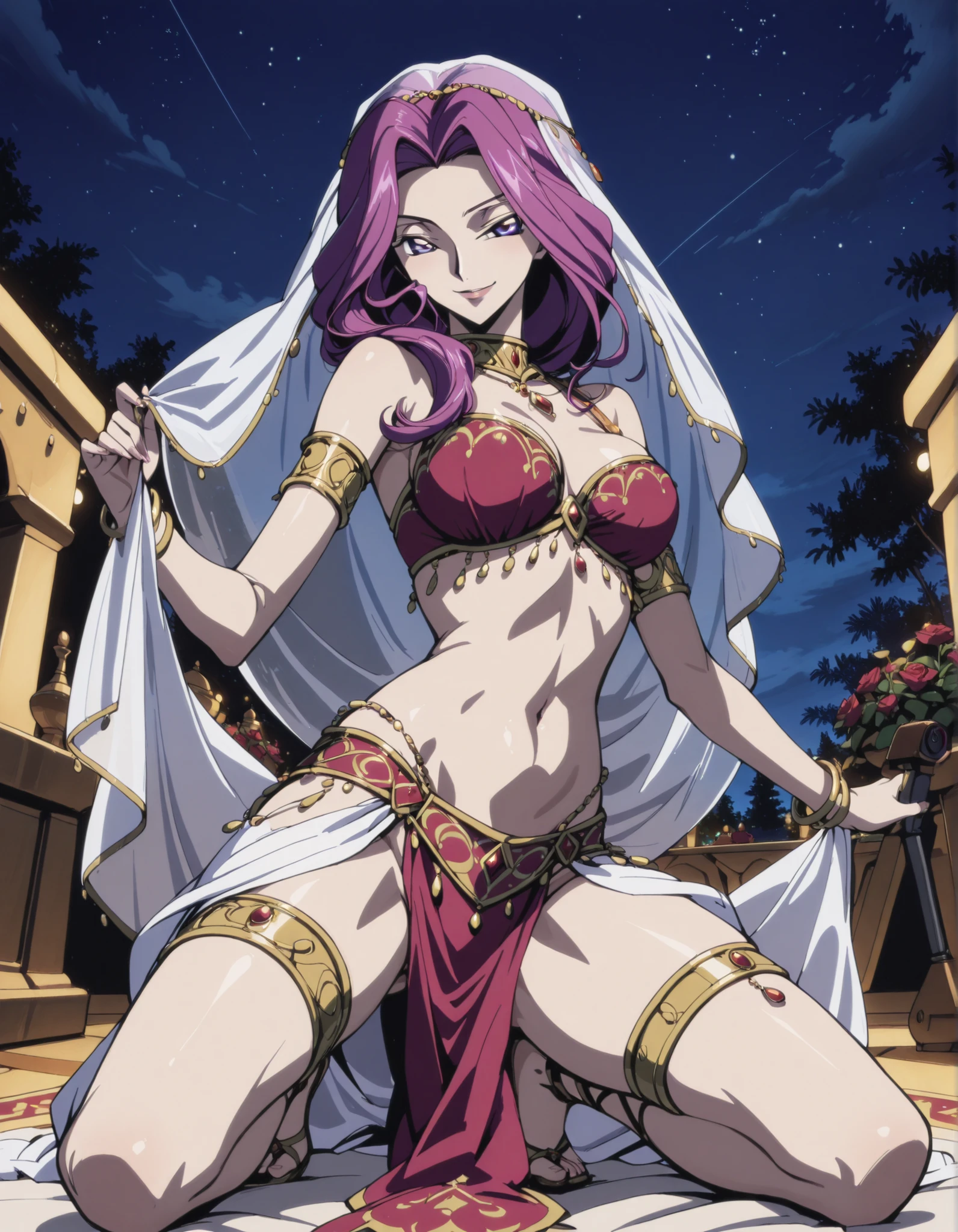 (1girl:1 . 5) , (Seul:1 . 5) , score_9 , score_8_haut , score_7_haut , source_anime , Official work , ultra-detailed , masterpiece , best quality selfie snapshot , high resolution , beaux yeux , detailed eyes , detailed face , beautiful detailed eyes ,Code Geass,Cornelia Li Britannia ,Arabian Clothes , Arabian Dancer ,belly dancer costume ,full body,golden jewelery,,armlet, belly dancing,night,arabian garden,seductive smile, dancing with veil, dynamic movement,dance posture, seductive pose