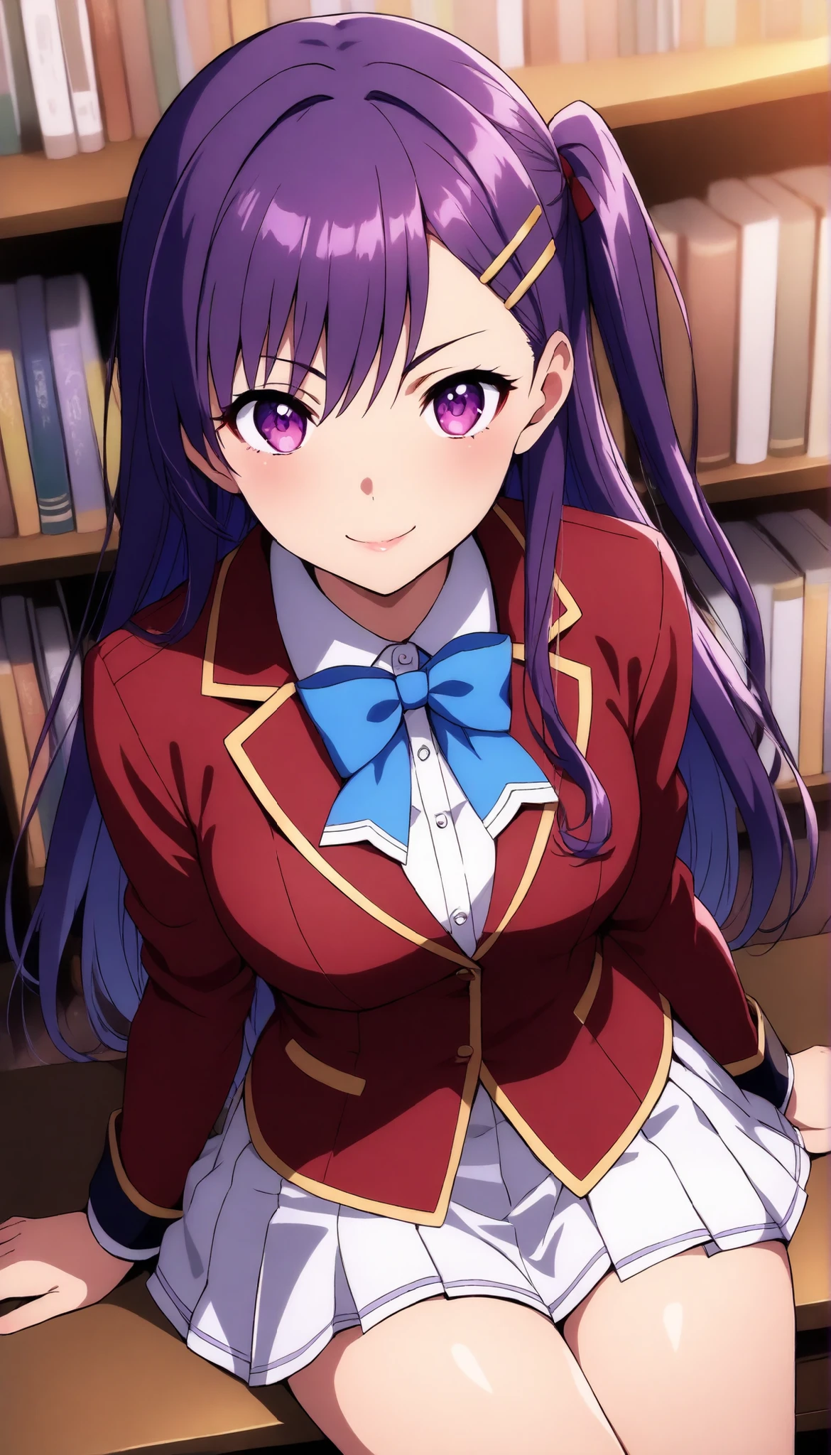  masterpiece, absurdres, newest, best quality, perfect quality, absolutely eye-catching BREAK
1girl, solo, hskamuro, one side up, purple hair, long hair, purple eyes, hairclip, red blazer, blue bowtie, white miniskirt, pleated skirt BREAK
from above, dutch angle, Indoors, library, bookshelves, books, sitting ,smile ,closed mouth ,glossy lips,hands on desk