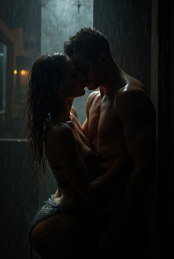 Damon Salvatore, a hot muscular gothic guy in a Batman suit without the mask, stands with Jessi, the red-haired Catwoman, in the opulent bathroom of the Batman mansion. The rain outside creates a calming backdrop as they share a passionate kiss under the warm shower. Damon’s hands caress her wet skin, his lips trailing down her neck. Jessi’s fingers tangle in his hair, pulling him closer. The water cascades over them, their bodies pressed together in a heated embrace. The luxury of the bathroom adds to the intensity of their love.