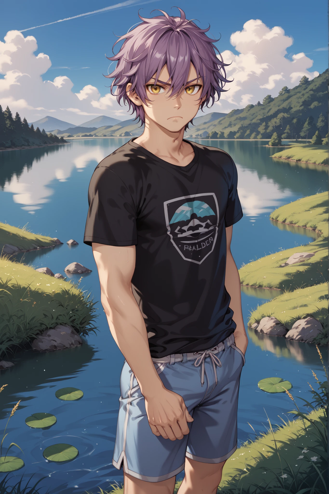 Source_anime, fishine style, 1boy, solo, adult man BREAK
Messy hair, handsome, purple hair, hair between eyes, short hair, yellow eyes BREAK
Black shirt, short sleeves, blue shorts BREAK
Looking at viewer, frown, closed mouth, standing
Outdoors, blue sky, grass, lakeside plains, lake, tr0p1c4l