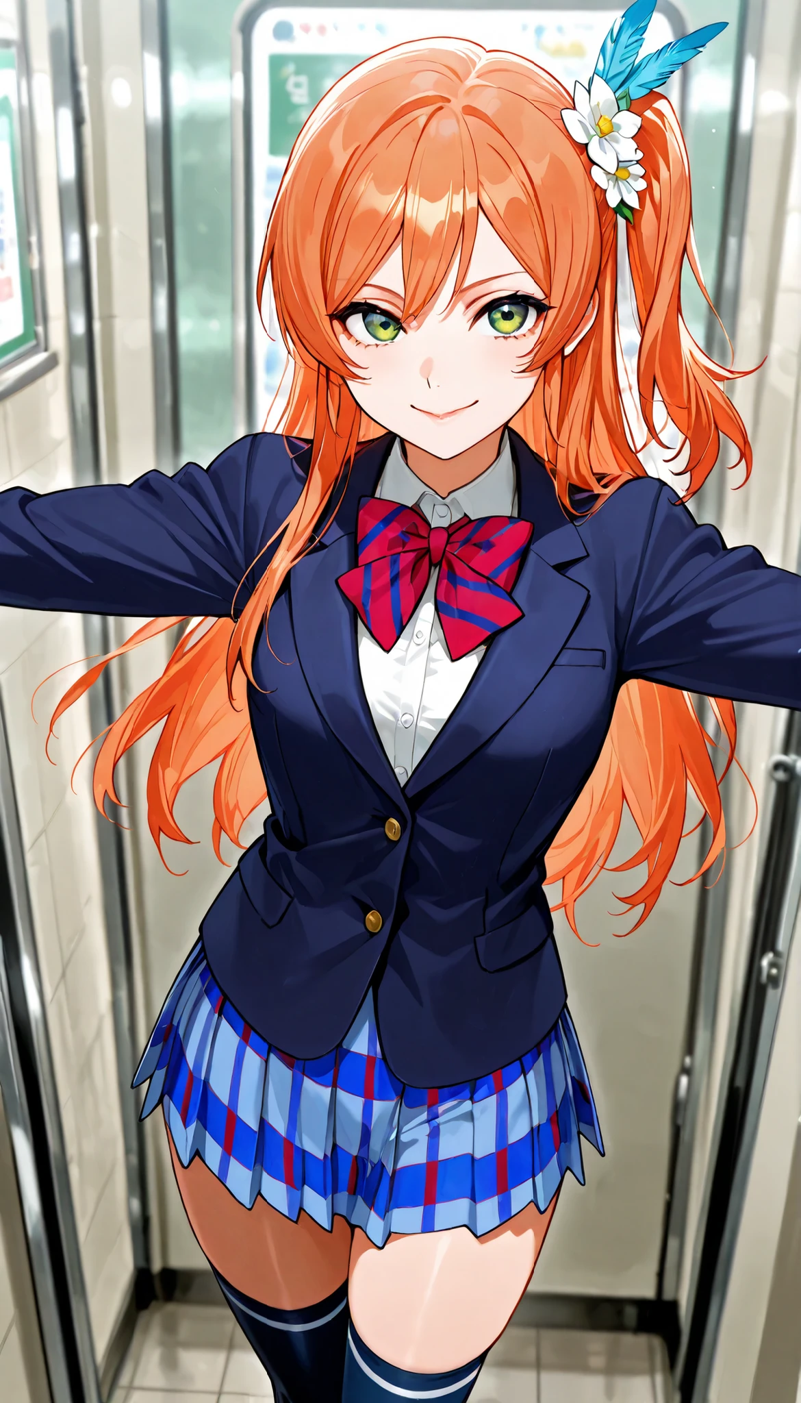 masterpiece, best quality, one side up, feather hair ornament, hair flower, white gloves, legwear, thighhighs, serious smile,closed mouth,glossy lips, (1girl), (solo), otonokizaka ,winter uniform, red striped bow tie, navy blue blazer, blue striped pleated skirt,from front, in live waiting room, spread arms, BREAK score_9, score_8_up, score_7_up, score_6_up, source_anime