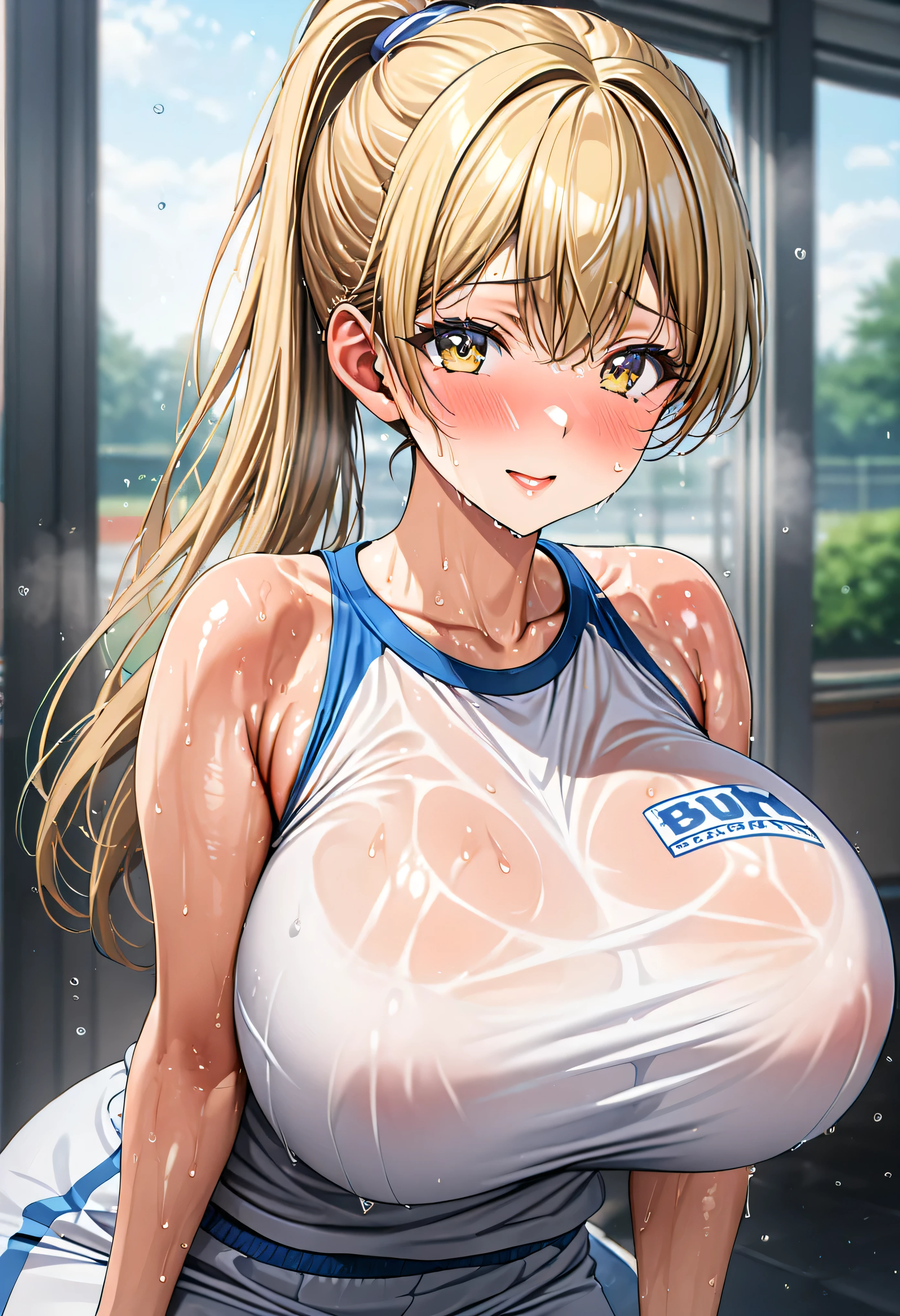 blond hair,pony tail hair,(Loli with a very young face),junior high school student,sport swear,8k,beautiful,best quality,detailed,exquisite,extremely detailedfinely detailed,high quality,insanely detailed,masterpiece,ultra detailed,ultra highres,ultra quality,(Huge breasts),(Sweaty:1.2)