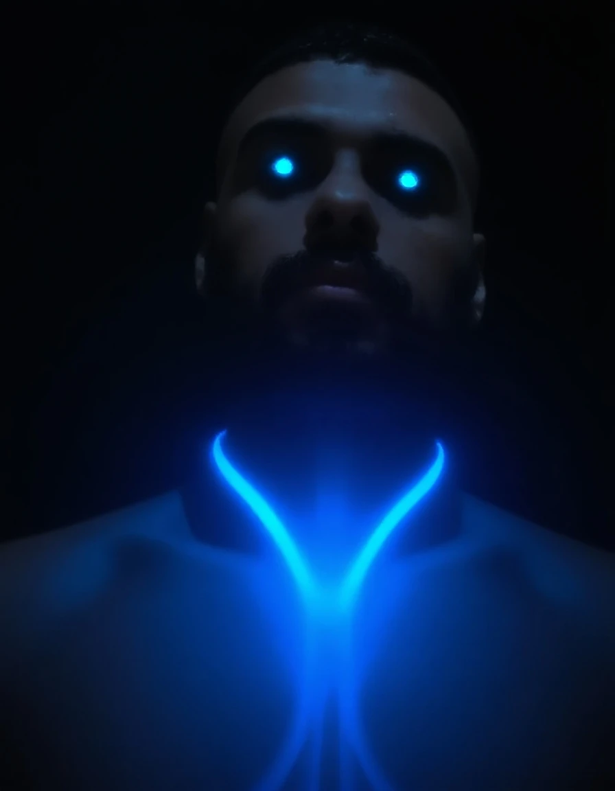[fauna|blossoms], Creative Fiery chubby clothed Male Warden, from inside of a Cabin, at Nighttime, FOV 90 degrees, Movie still, Afrofuturism, F/1.8, MOBA style, (Acid colors and Blue:0.7) , art by Henriette Grindat