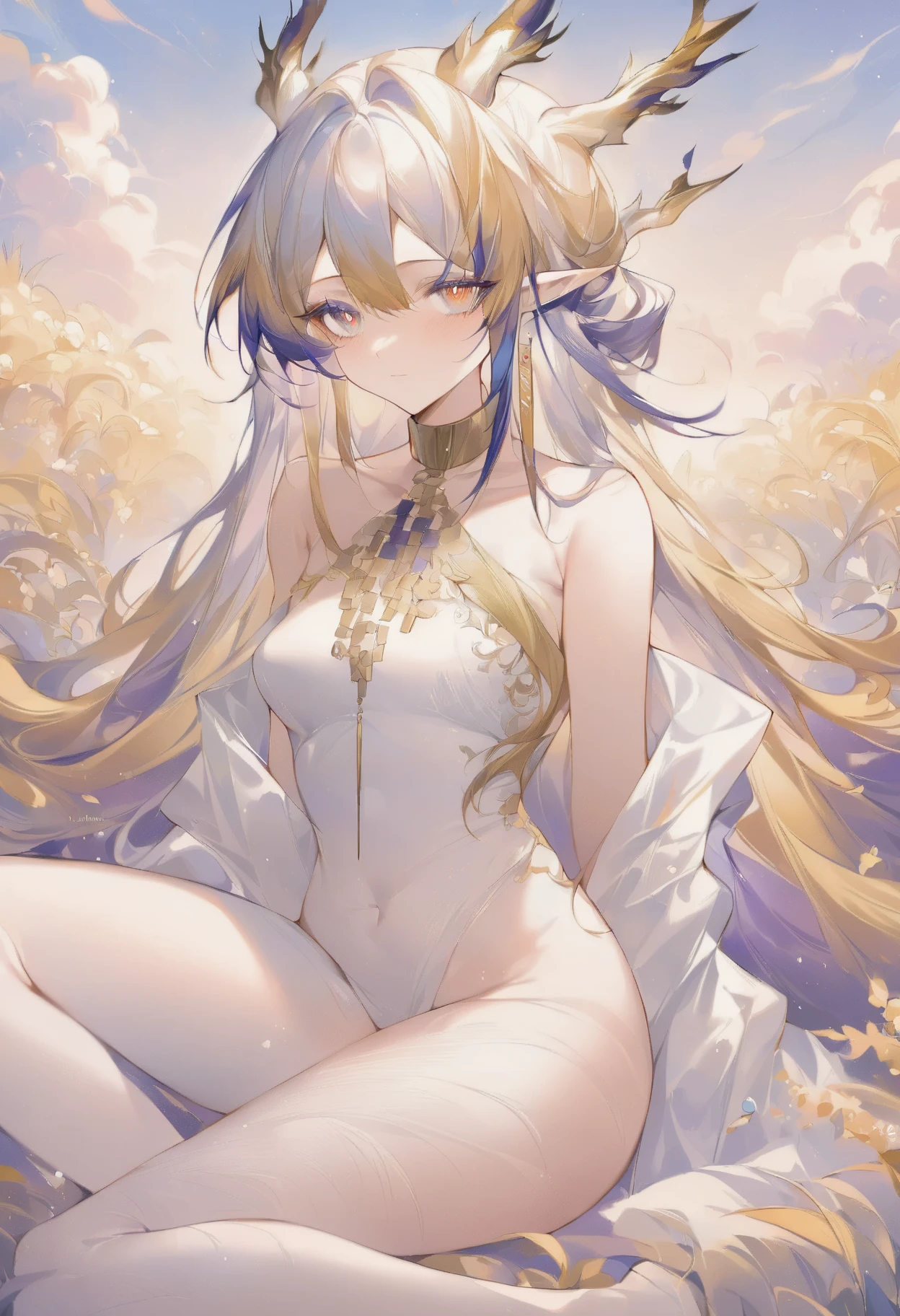 Long Hair, smile, Blonde, Golden Eyes, underwear,goddess,diesirae,Soft Light, Gentle colors, Hair that hides one eye, Sparkle Effect, Overlooking, masterpiece, Textured skin, Ultra high definition, tears, Super long hair, Hair behind ears, Hair blowing in the wind, Hair Flower, 