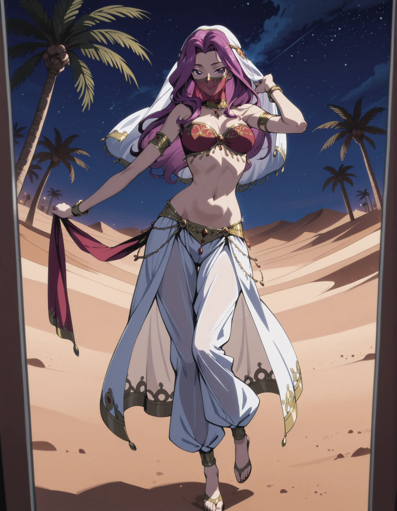 (1girl:1 . 5) , (Seul:1 . 5) , score_9 , score_8_haut , score_7_haut , source_anime , Official work , ultra-detailed , masterpiece , best quality selfie snapshot , high resolution , beaux yeux , detailed eyes , detailed face , beautiful detailed eyes ,Code Geass,Cornelia Li Britannia ,Arabian Clothes , Arabian Dancer ,belly dancer costume ,full body,golden jewelery,mouth veil,armlet, belly dancing,night,desert lands,palm tree,seductive smile, dancing with veil, dynamic movement,dance posture, seductive pose