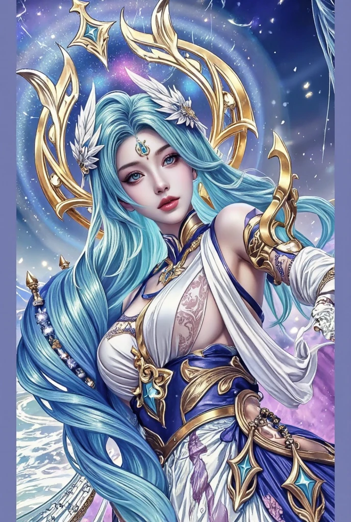 award winning studio photo of beautiful powerful female god, epic pose, white hair, (close up:1.2), (ultra detailed:1.4), lots details, hdr, (luxury holographic dress:1.4), (cloak:1.2), (complex patterns:1.2), (ancient calligraphy:1.2), makeup, headdress, decorations, detailed face, nature skin texture, bright colors, (saturated:1.2), vibrant colors, night, dark, moon light, (skin texture:0.7), fire,