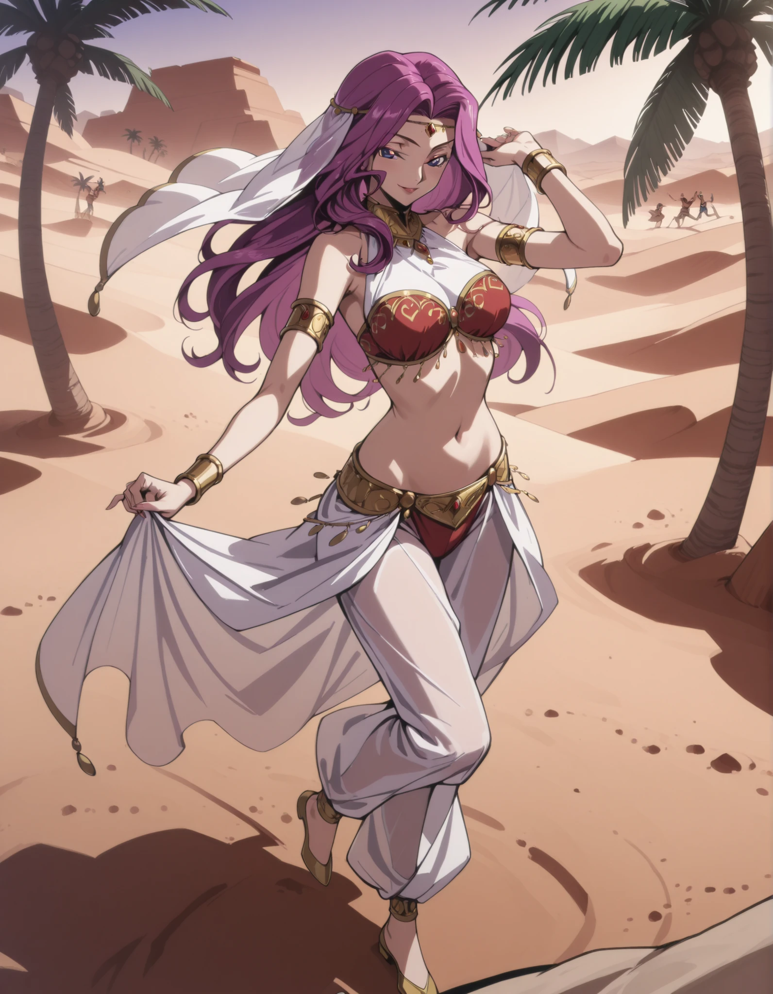 (1girl:1 . 5) , (Seul:1 . 5) , score_9 , score_8_haut , score_7_haut , source_anime , Official work , ultra-detailed , masterpiece , best quality selfie snapshot , high resolution , beaux yeux , detailed eyes , detailed face , beautiful detailed eyes ,Code Geass,Cornelia Li Britannia ,Arabian Clothes , Arabian Dancer ,belly dancer costume ,full body,golden jewelery,armlet, belly dancing,desert lands,palm tree,seductive smile, dancing with veil, dynamic movement,dance posture, seductive pose